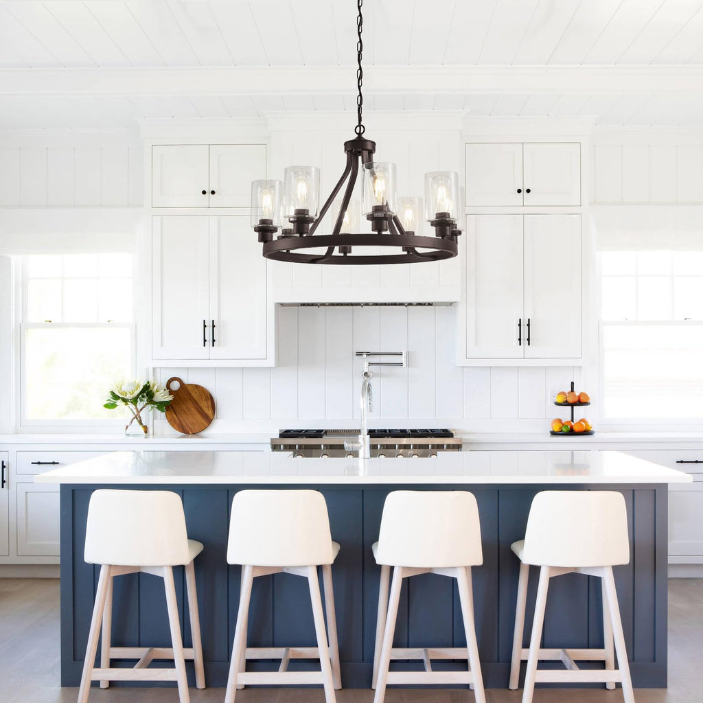 Lanhall 6-Light Modern Dining Room Light Fixture Brushed Nickel Kitchen Chandelier Ceiling Hanging Pendant Lighting with Glass Shade for Living Room Bedroom Entryway Adjustable Height Metal E26