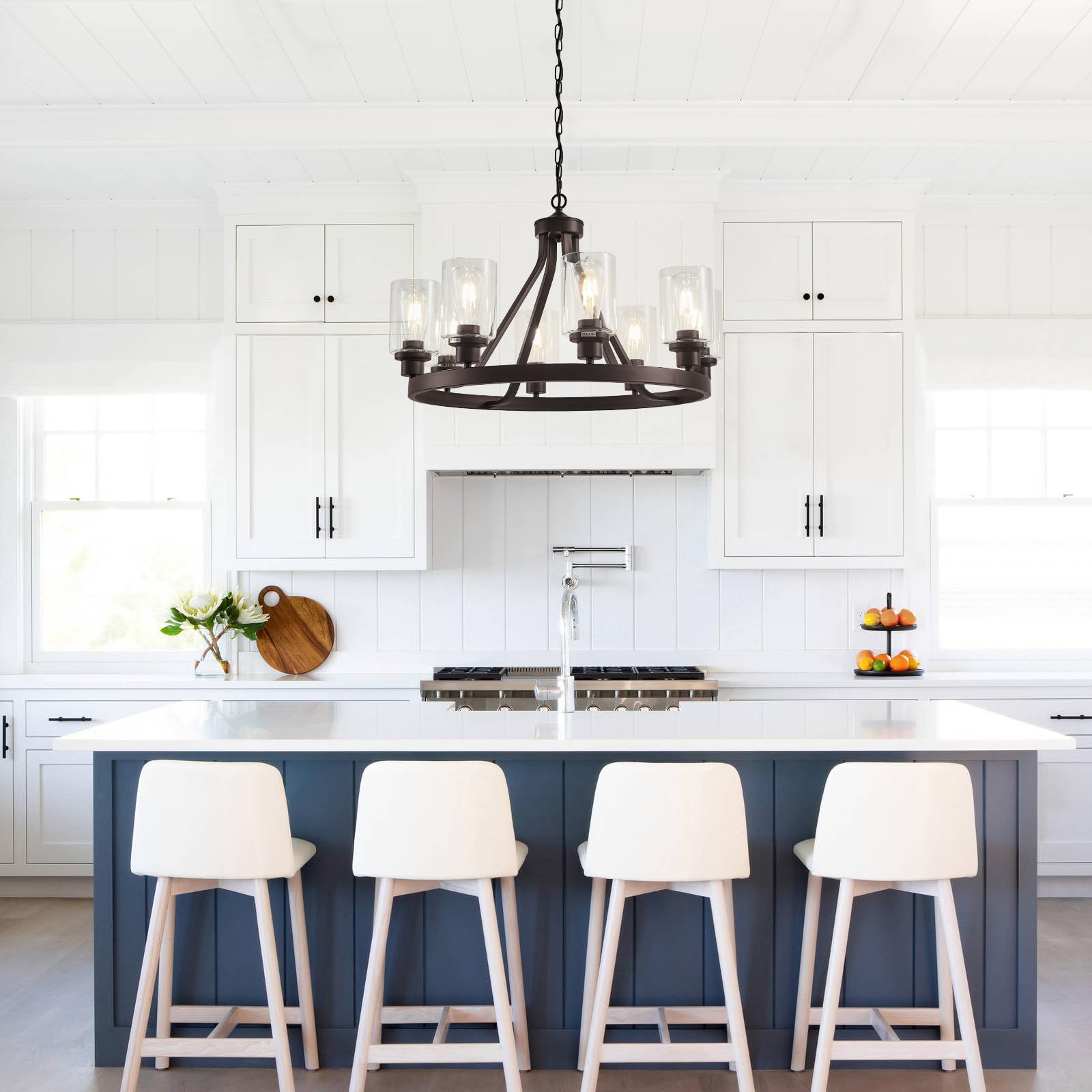 Lanhall 6-Light Modern Dining Room Light Fixture Brushed Nickel Kitchen Chandelier Ceiling Hanging Pendant Lighting with Glass Shade for Living Room Bedroom Entryway Adjustable Height Metal E26