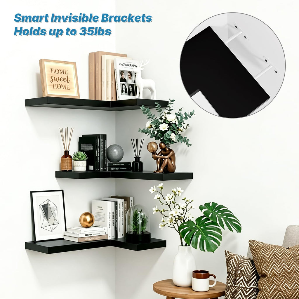NATURE'S SOURCE Corner Floating Shelves with Invisible Brackets, Corner Shelves Wall Mounted Set of 3, Bedroom Bathroom Kitchen Living Room Office- Gothic Style 16.6" x 6" (Black)