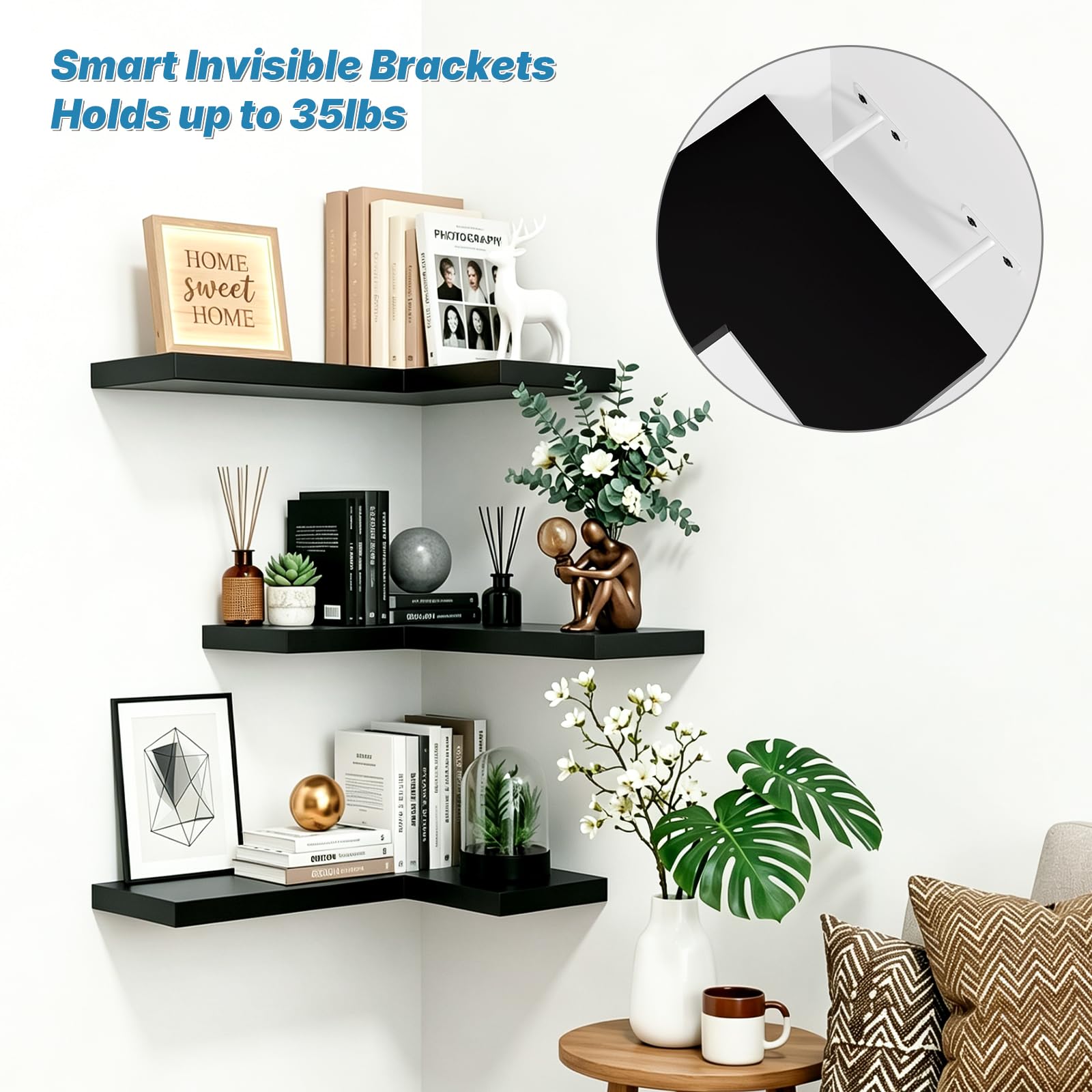 NATURE'S SOURCE Corner Floating Shelves with Invisible Brackets, Corner Shelves Wall Mounted Set of 3, Bedroom Bathroom Kitchen Living Room Office- Gothic Style 16.6" x 6" (Black)