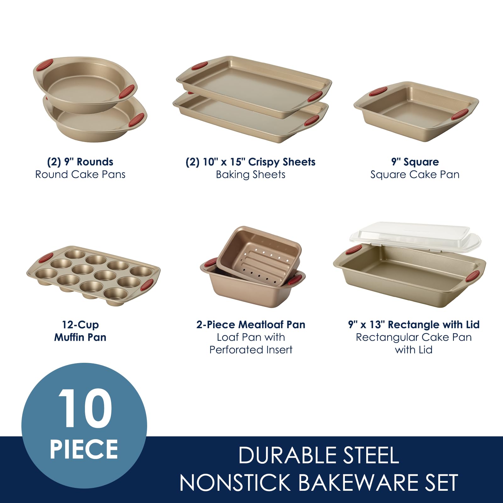 Rachael Ray Cucina Bakeware Set Includes Nonstick Cake Cookie Baking Sheet and Muffin Cupcake Pan, 4 Piece, Latte Brown with Agave Blue Grips