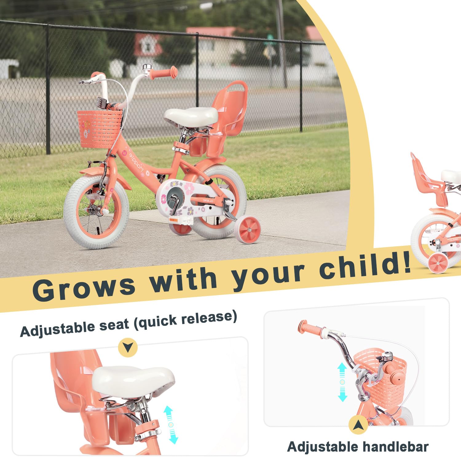 Glerc Maggie Girls Bike, 12-20 Inch Kids Bike for 2-13 Years Old Children, Princess Style Kids Bicycle with Doll-Seat & Basket & Training Wheels, Multiple Colors