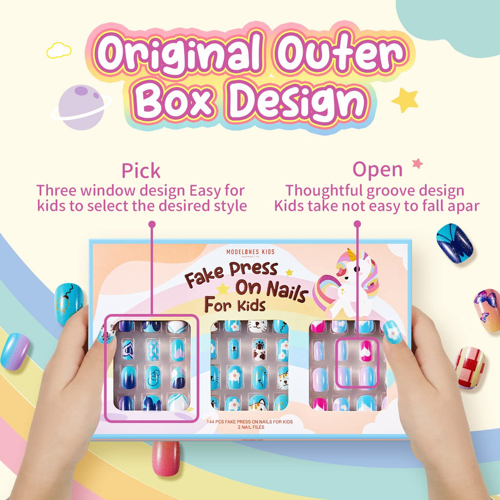 Modelones Press on Nails for Kids 144Pcs 6 Pack Children Acrylic Fake Nails Pre-glue Full Cover Glitter Gradient Color Heart Cat Short False Nail Art Kits Sets Christmas Gifts for Kids Girls