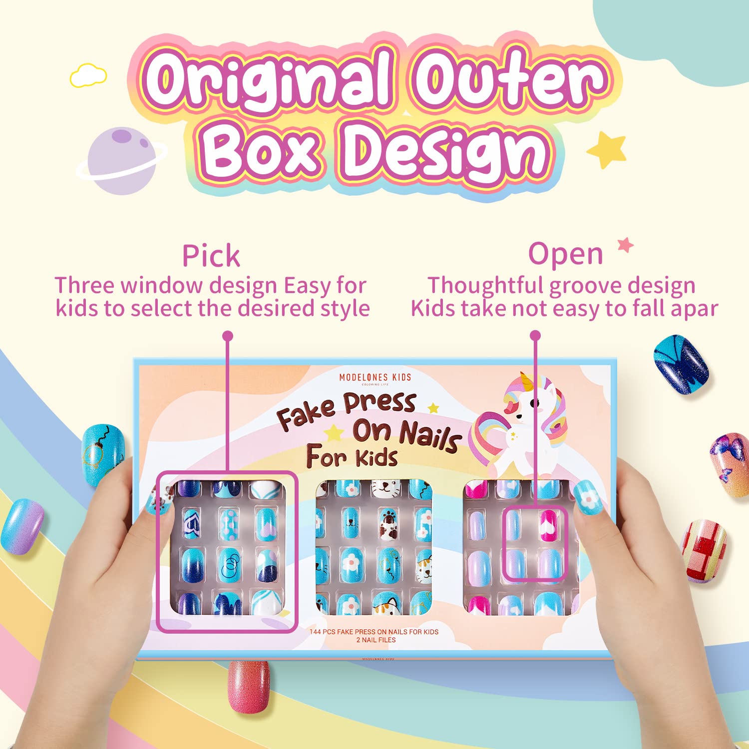 Modelones Press on Nails for Kids 144Pcs 6 Pack Children Acrylic Fake Nails Pre-glue Full Cover Glitter Gradient Color Heart Cat Short False Nail Art Kits Sets Christmas Gifts for Kids Girls