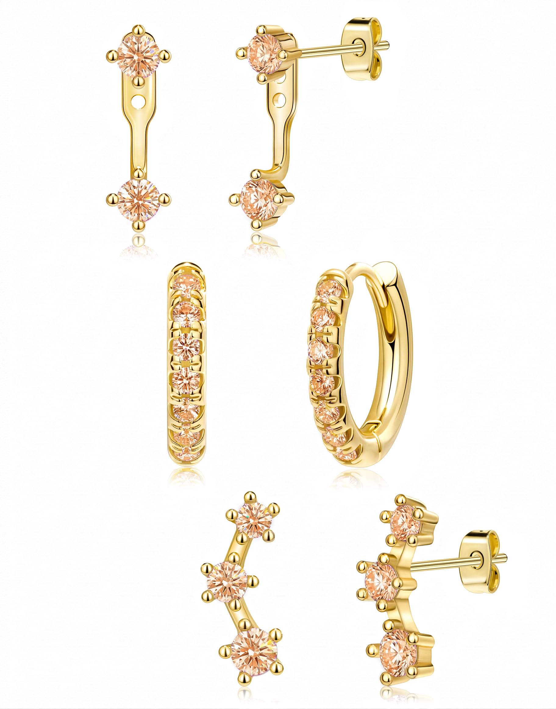 3 Pairs Dainty Small Earrings Set for Women Trendy, Birthstone Stud Huggie Hoop Jacket Stack for Cartilage Helix, Gold Plated Hypoallergenic Cute Women Fashion Accessories Western Jewelry Gifts