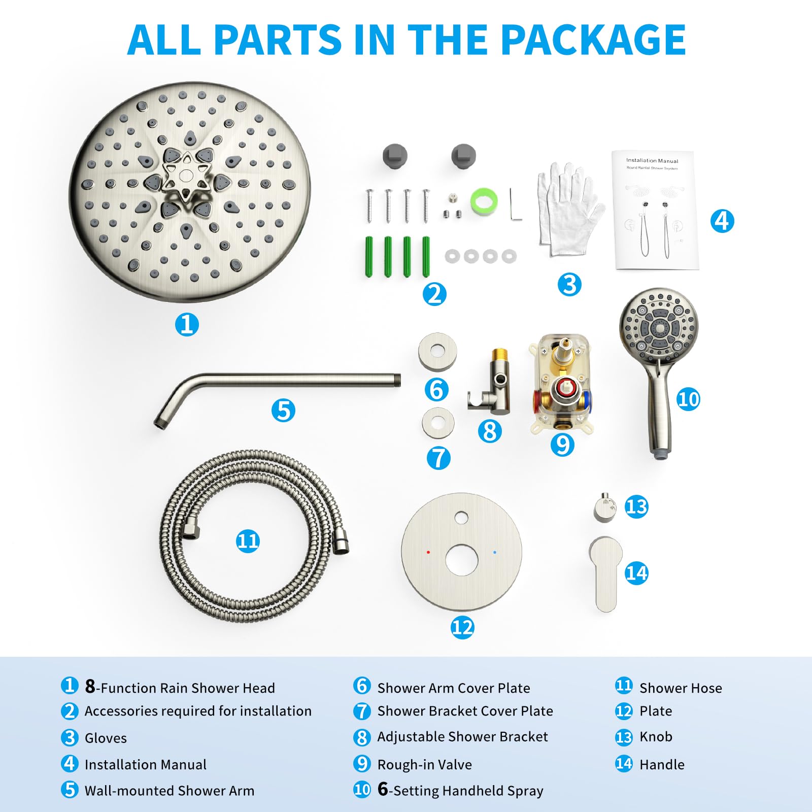 EMBATHER Shower Faucets Sets Complete, with 3 Setting High Pressure Shower Head Combo, Bathroom Wall Mounted Rainfall Shower System Fixtures with 8-Mode Handheld Spray, Brushed Nickel