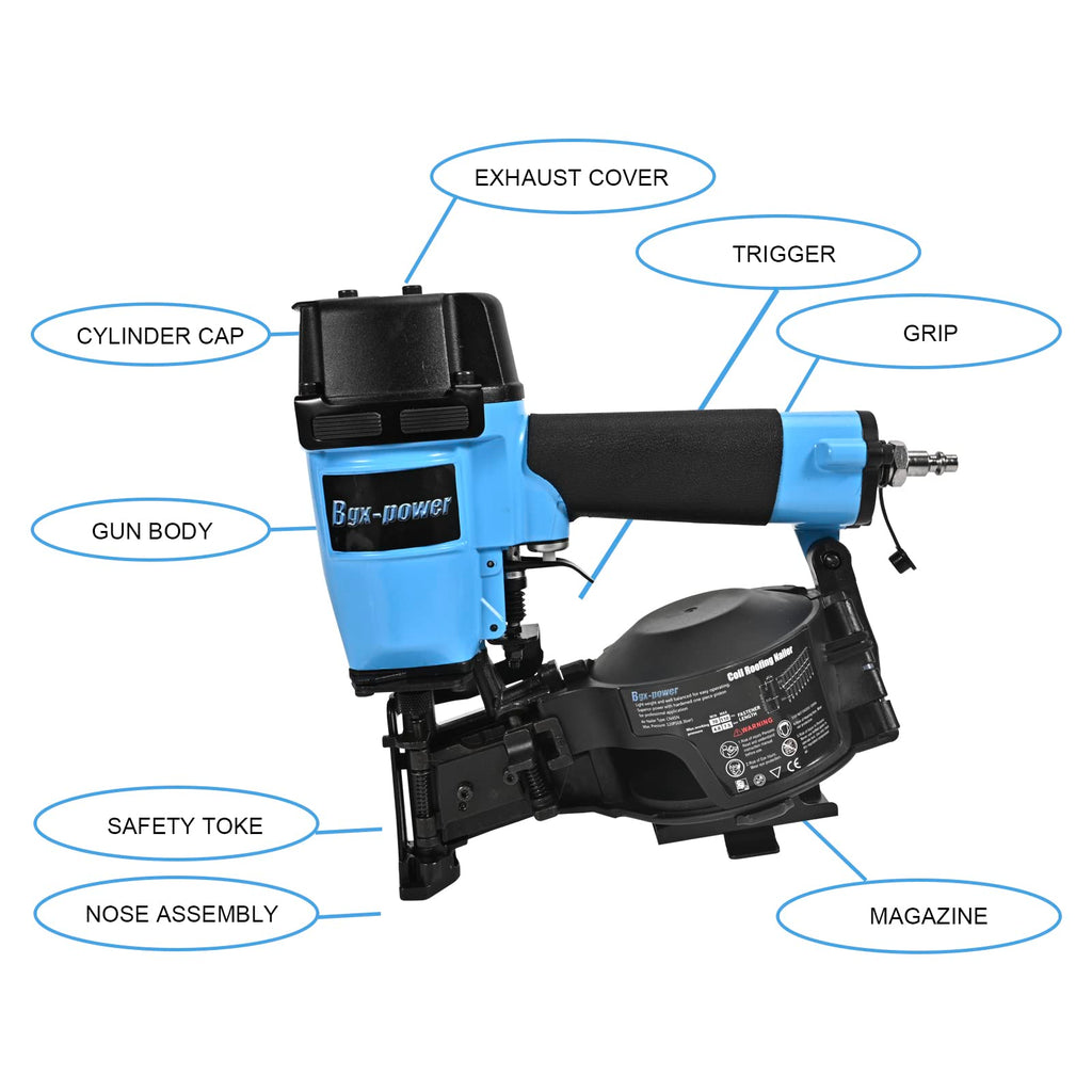 Honduras Style Roofing Nail Gun, 15 Degree CN45N Roofing Nailer 3/4-Inch to 1-3/4-Inch Coil Nails, 120-pcs Load Capacity Coil Nailer