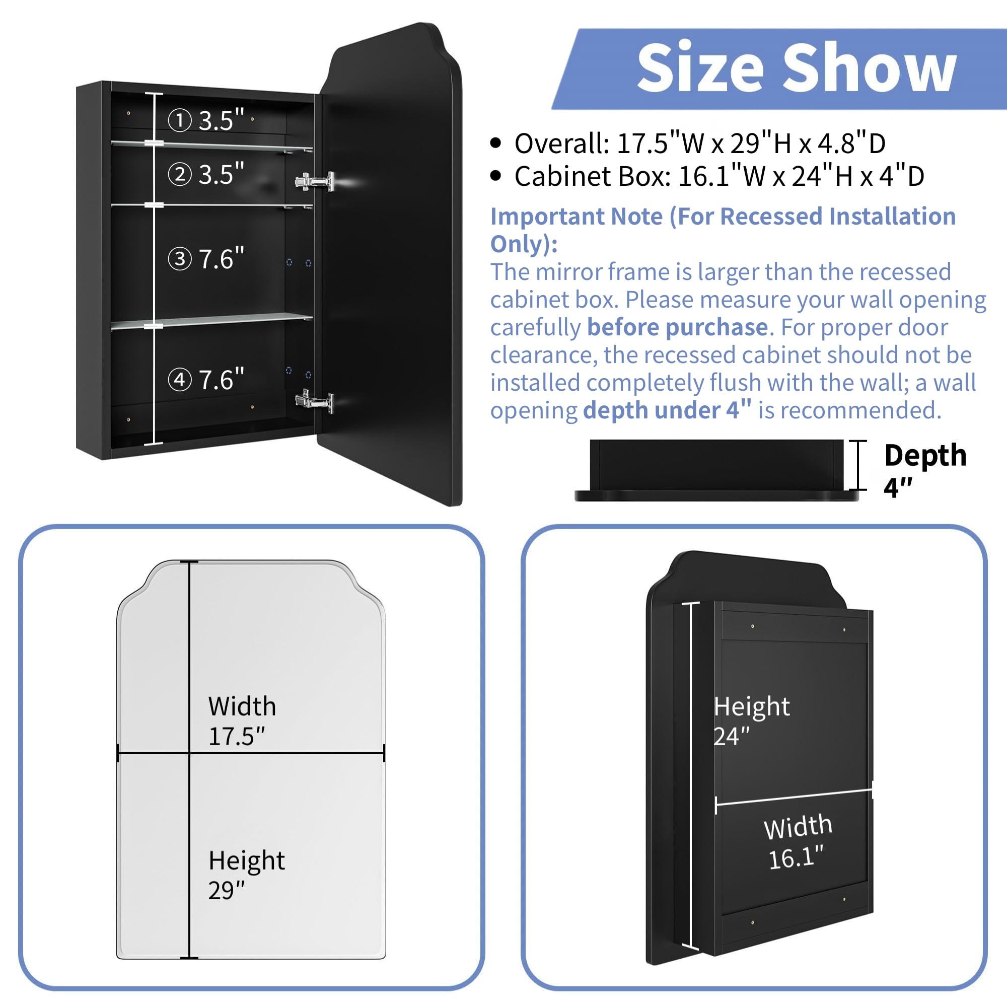 AGDULL Victorian Surface Mount or Recessed Medicine Cabinet, Wood Bathroom Wall Cabinet with Arched Mirror, Black, Left-Swing Door, Overall 16.5" W x 24" H