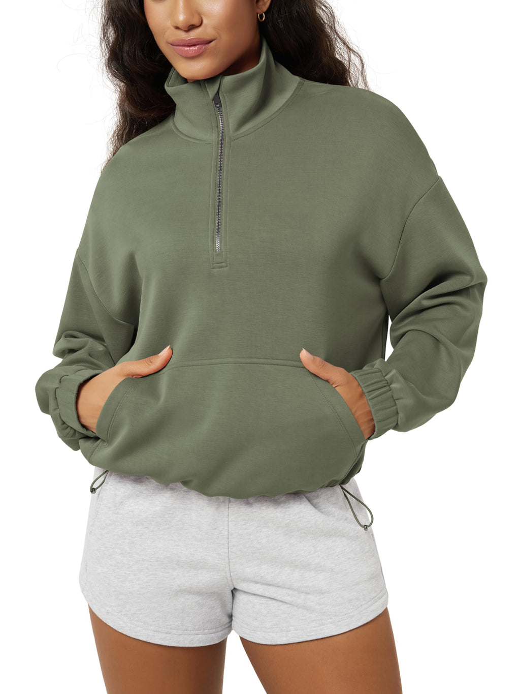 ODODOS Women's Modal Soft Cinchable Sweatshirts Half Zipper Funnel Neck Oversize Pullover with Pockets