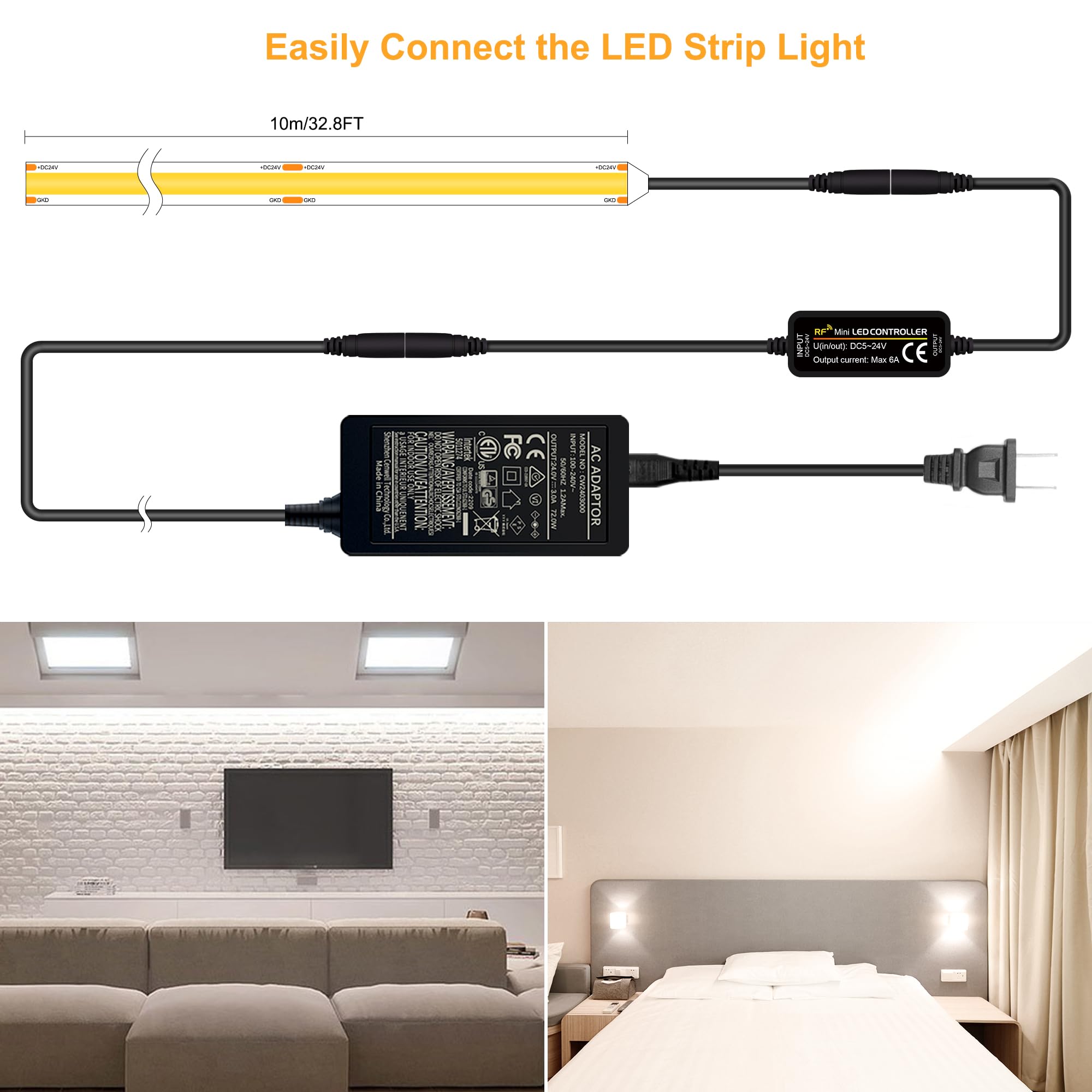 Pandery COB LED Strip,LED Strip Lights 3M/9.84ft,Touch Dimmable LED Strips,CRI90+,2700K Warm White cob led,960LEDs,24V LED Tape Lights,Indoor for Bedroom, Kitchen, TV, Mirror,Cabinet
