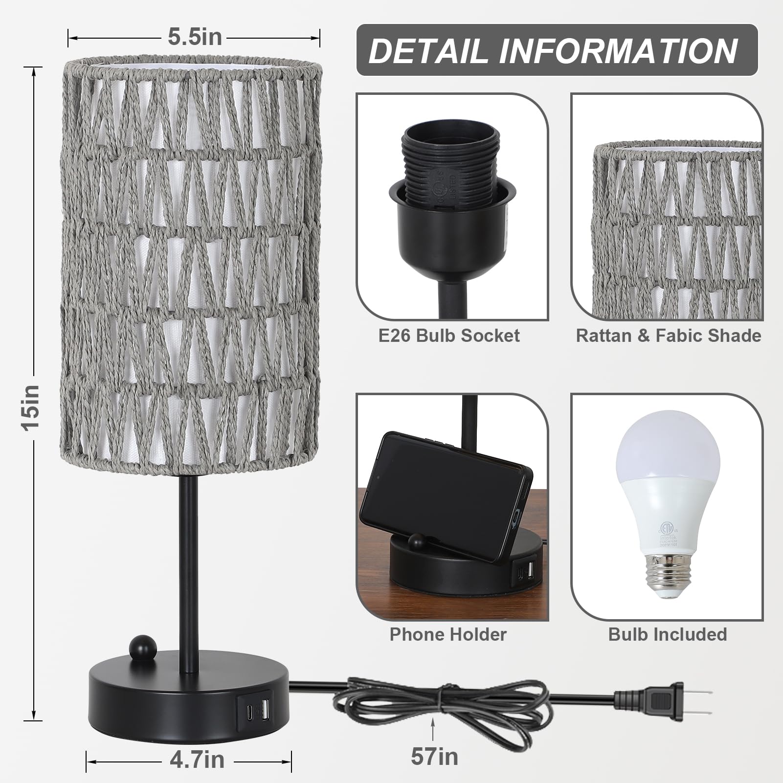 Rattan Bedside Table Lamps Set of 2 - Boho Lamps With 3 Color Temperatures & USB AC Port, Pull Chain Table Lamp For Bedroom, Cute Small Lamp For Nightstand Office Desk Bed Side End Table Living Room