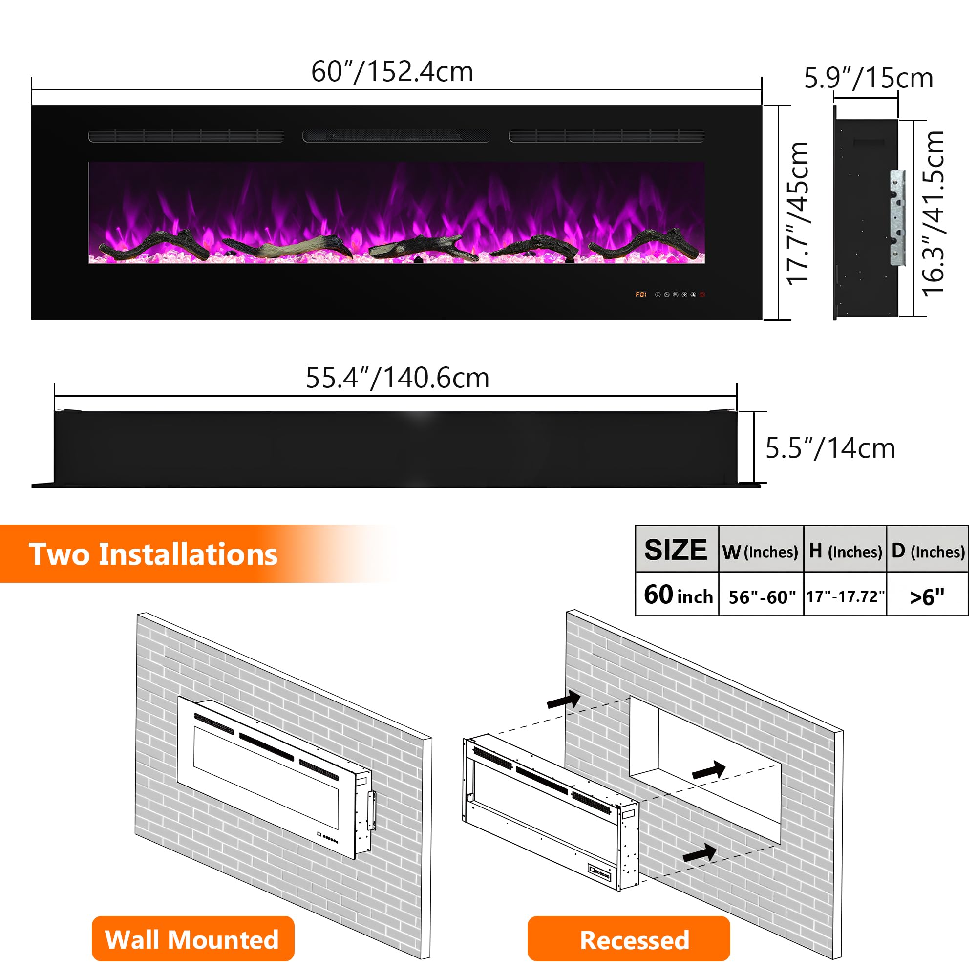 Electric Fireplace 30 inch Wide, Wall Mounted Fireplace Inserts Electric Heater, 13 * 13 Flame Effects Like Real Flame, Low Noise, Timer & Thermostat Setting, 750W/1500W, Black
