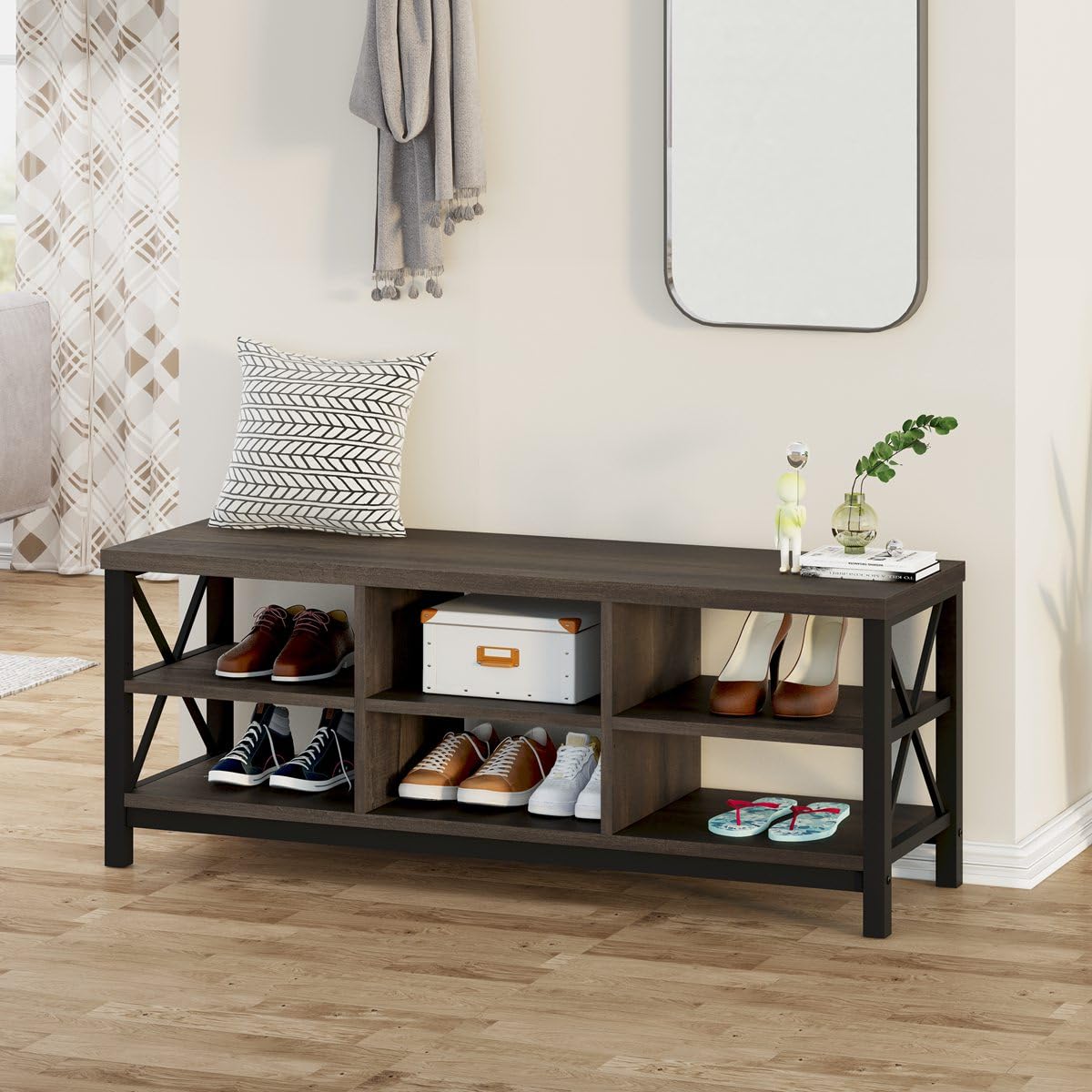 FATORRI Entryway Bench with Storage, 41 Inch Shoe Storage Bench, Industrial Wood Shoe Bench for Entry Way, Living Room, Bedroom and Mudroom (Black)