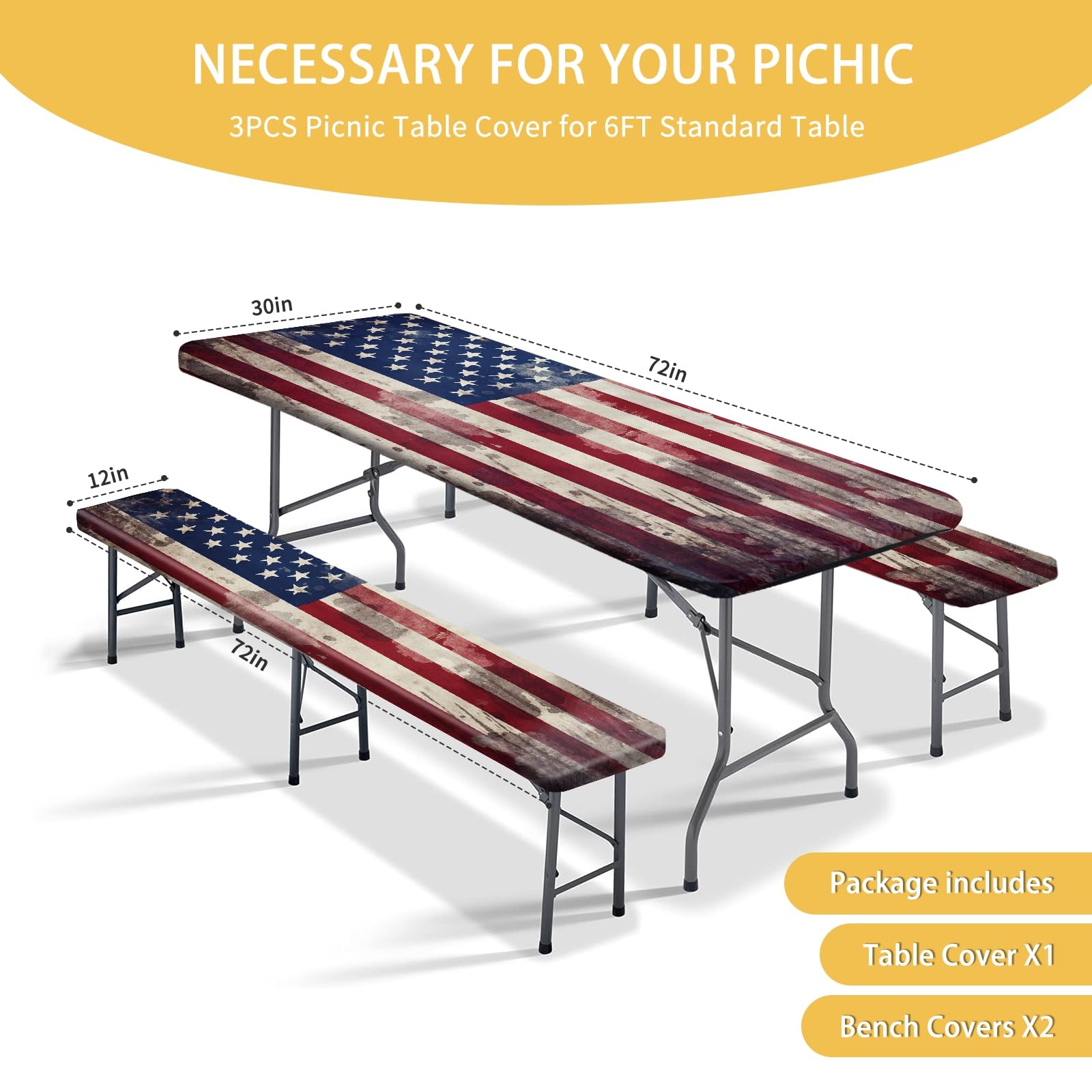 Park Picnic Table Cover with Bench Covers Lightweight Camping Essentials, Oil-Proof Waterproof 3PCS Tablecloth with Elastic, Fitted for Table 6FT Rectangle and Seats, American Flag Eagle (72x30in)