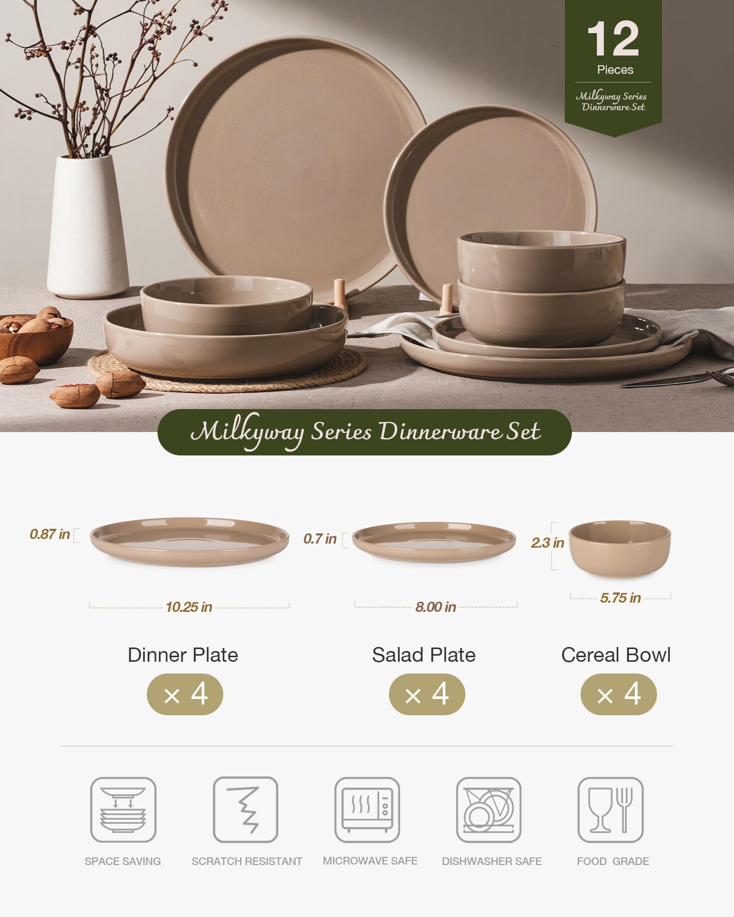 Famiware Pluto Stoneware Dinnerware Sets, 12-Piece Double Reactive Glaze Plates and Bowls Sets, Dishware Sets for Everyday & Formal Dining, Irregular Edge Dishes, Service for 4, Matte Beige White