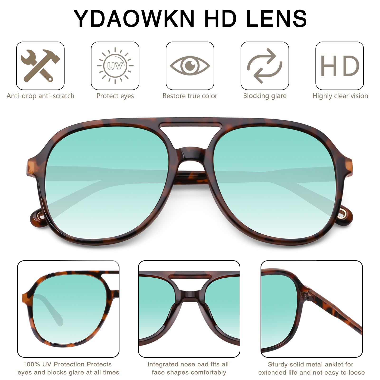 YDAOWKN Retro Square Aviator Sunglasses for Womens Mens Vintage 70s Double Bridge Sun Glasses