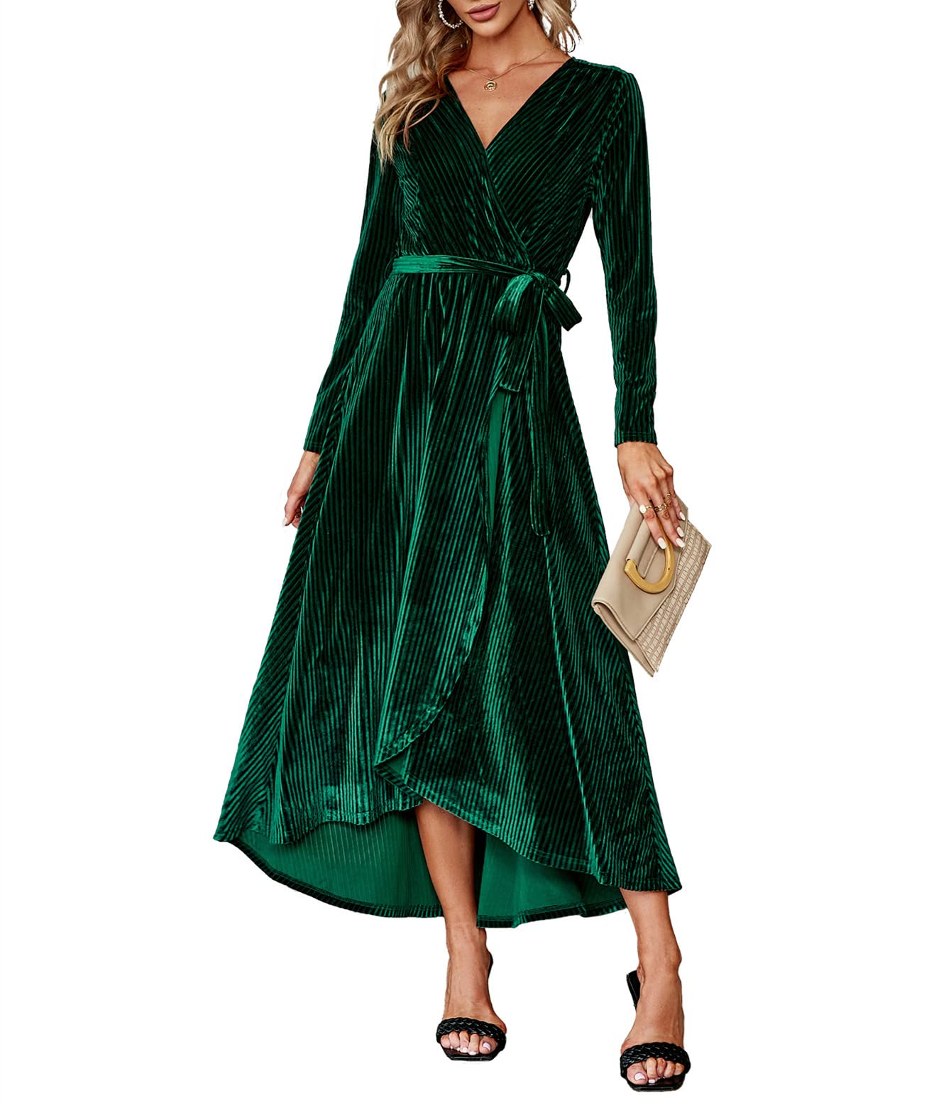 BerryGo Women's Velvet V Neck Wrap Semi Formal Dress Cocktail Party Maxi Dress for Wedding Guest