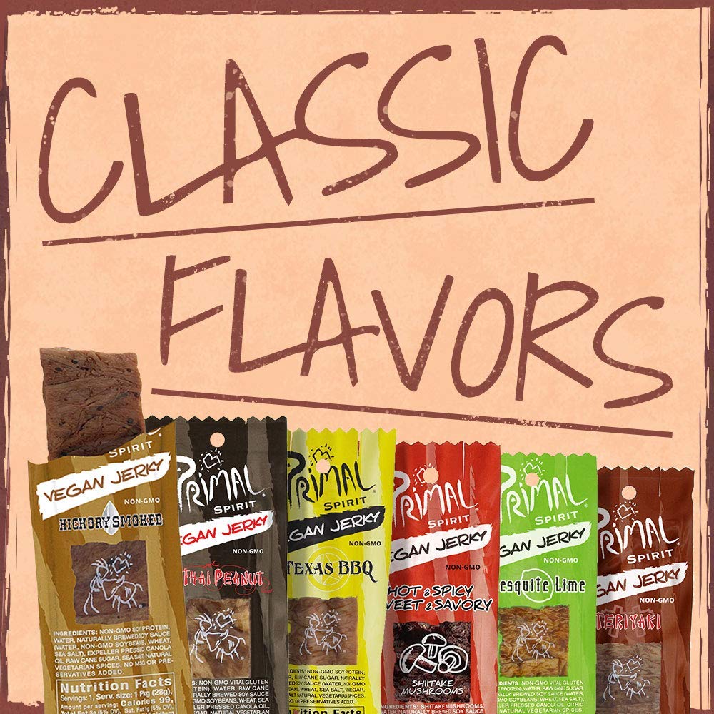 Primal Spirit Vegan Jerky - Our Sampler Pack, 10g. Plant Based Protein, Certified Non-GMO ("The Classics" Thai Peanut, Mesquite Lime, Teriyaki, Hot & Spicy, Hickory Smoked, & Texas BBQ, 12-Pack, 1 oz)