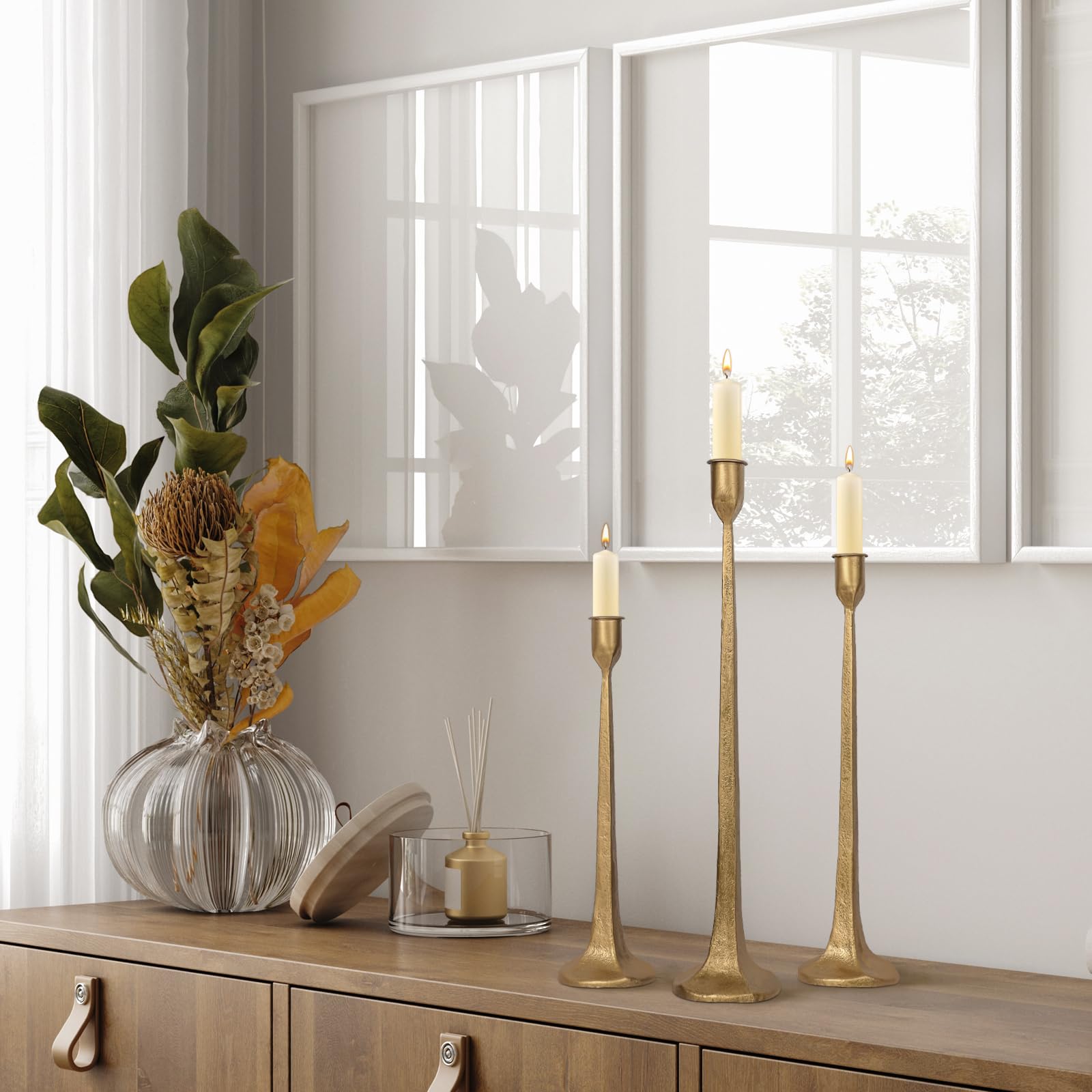 Iron Taper Candle Holder Set of 3 - Decorative Tall Candle Stand, Candlestick Holder for Wedding, Dining Table, Party Decoration (Antique Brass)
