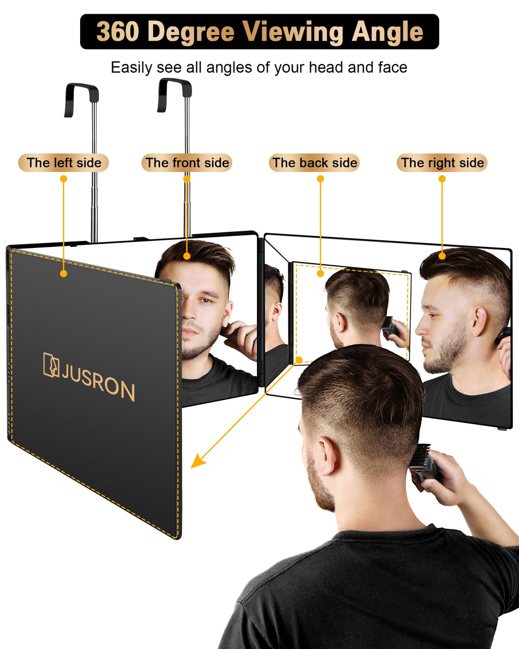 JUSRON 360 Viewing Angle Self Hair Cutting Mirror, Clear Anti-Fog HD Glass, USB Rechargeable, Easy to Use, Height Adjustable, Portable, Good Choice for Gifts