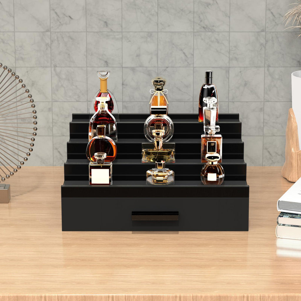 Wooden Cologne Organizer for Men 4 Tier of Perfume Display Holder of Drawer & 2 Hidden Compartments Larger Storage Space Mens Perfume Organizer Shelf Stand,Gift for Man (4T-Black Walnut)