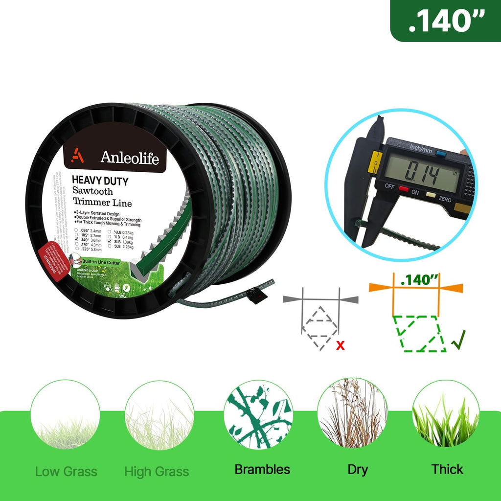 A Anleolife 1-Pound Heavy Duty Sawtooth 140-mil-by-108-ft Dual Core String Serrated Trimmer Line Donut for Walk Behind Wheeled Mowers with Built-in Line Cutter