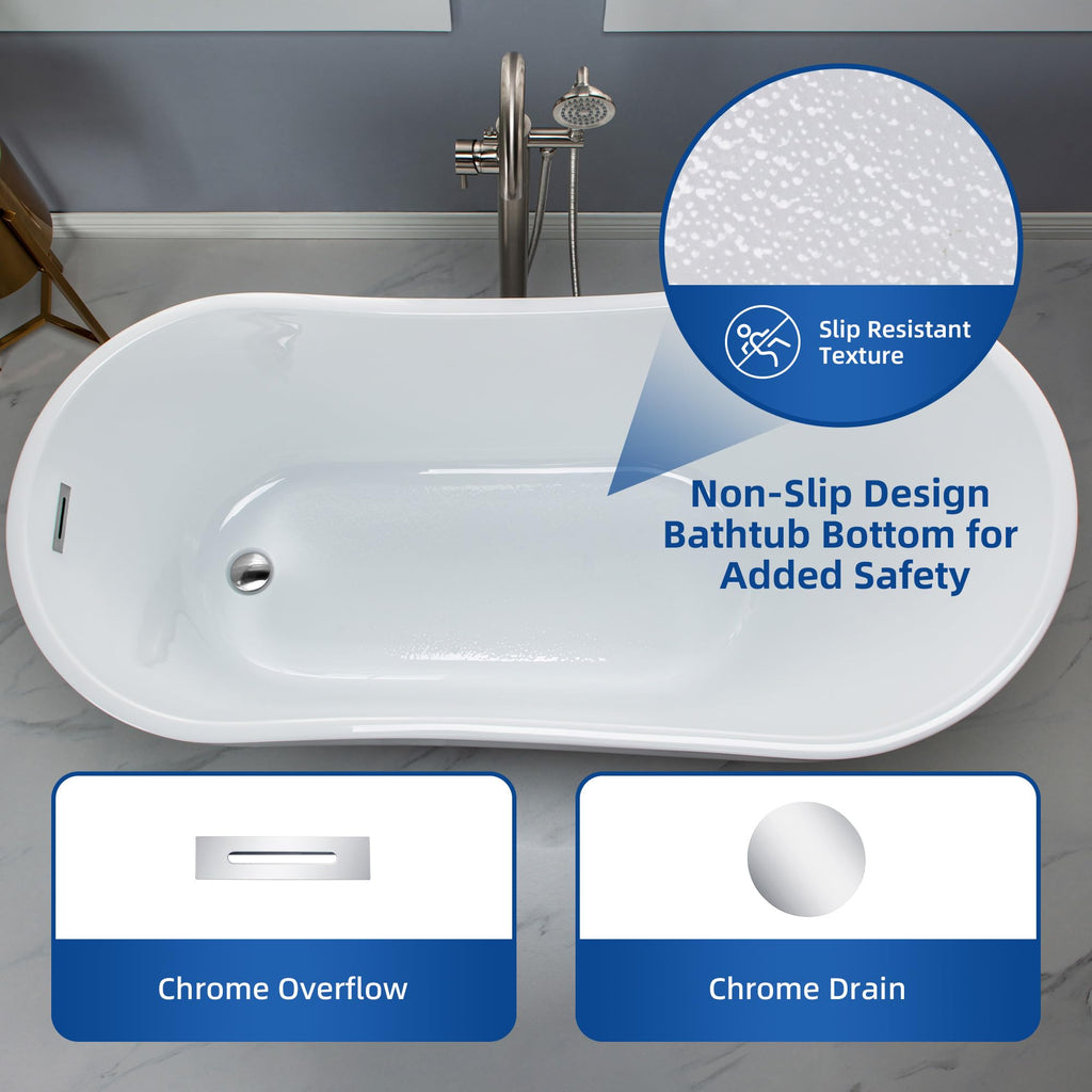 WOODBRIDGE 59" Acrylic Freestanding Bathtub Contemporary Soaking White Tub with Brushed Gold Overflow and Drain， B1530 -BG-Drain &O