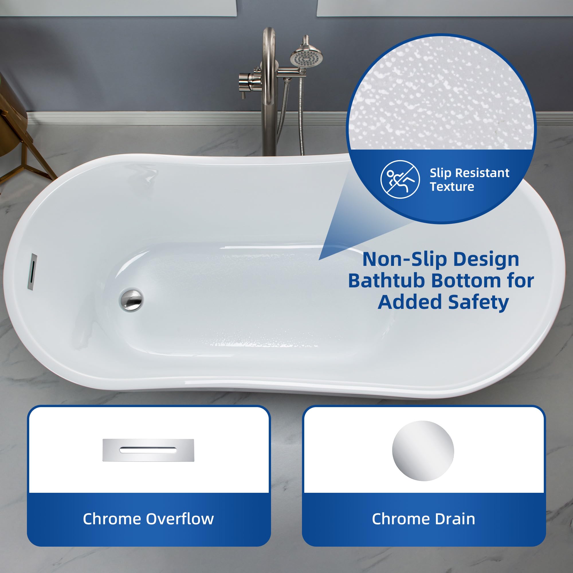 WOODBRIDGE 59" Acrylic Freestanding Bathtub Contemporary Soaking White Tub with Brushed Gold Overflow and Drain， B1530 -BG-Drain &O