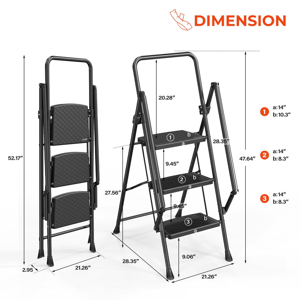 LUISLADDERS 3 Step Ladder with Handrails, Folding Step Stool with Widened Anti-Slip Pedal, 500lbs Lightweight Step Ladder 3 Step Folding, Multi-use for Home Kitchen Pantry Office, Black