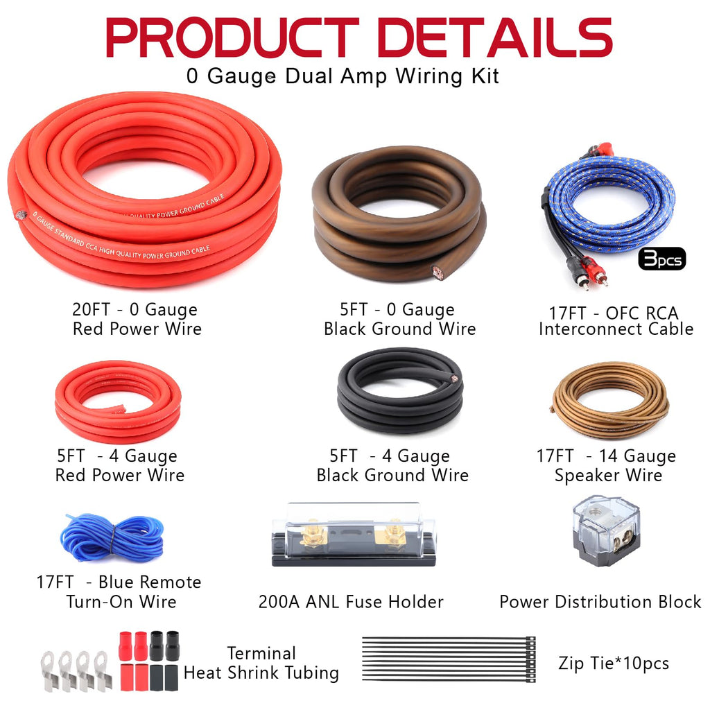 0 Gauge Amp Wiring Kit,3000 Watt Amplifier Sub Installation Kit Make Connections and Brings Power to Your Radio,Subwoofers and Speakers