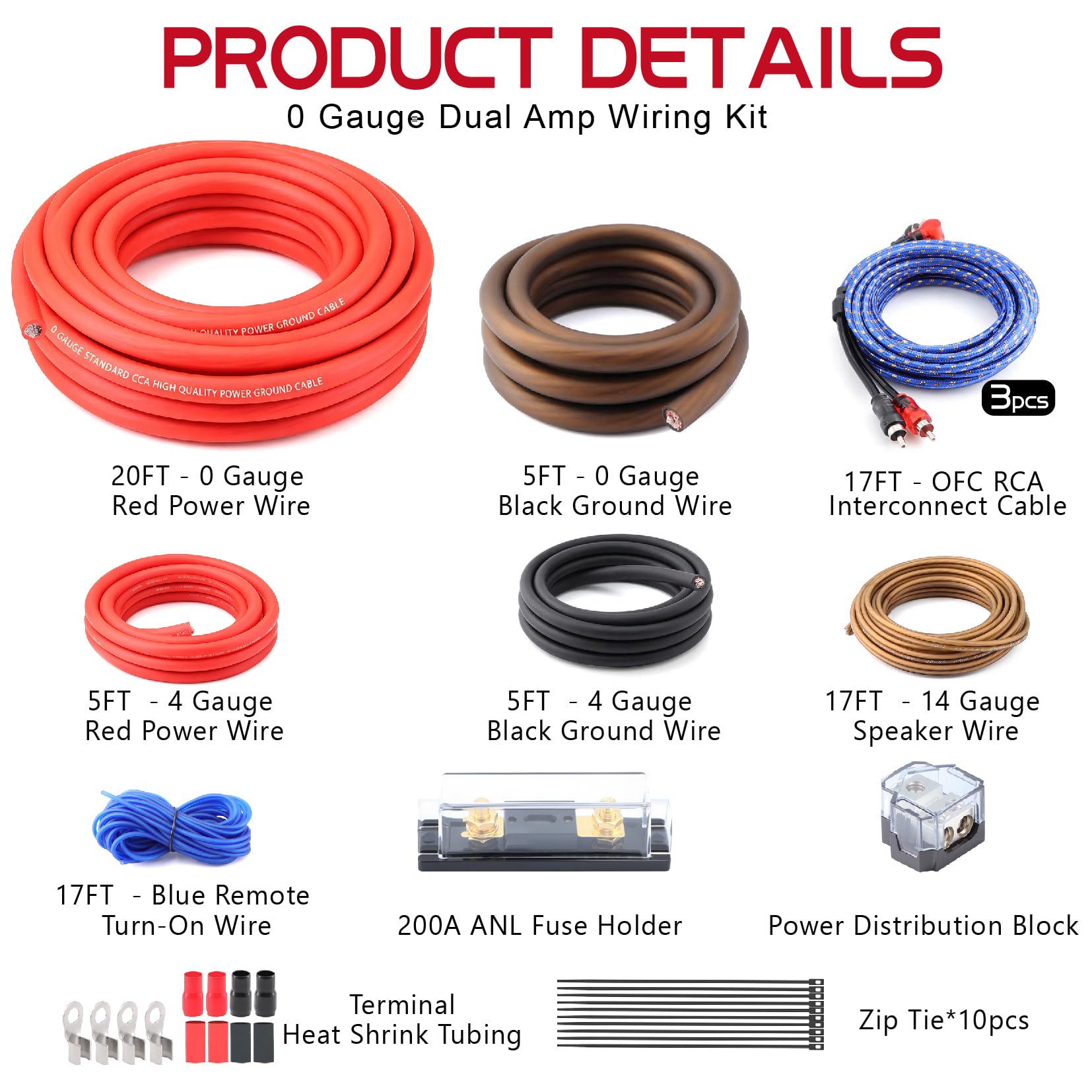 0 Gauge Amp Wiring Kit,3000 Watt Amplifier Sub Installation Kit Make Connections and Brings Power to Your Radio,Subwoofers and Speakers