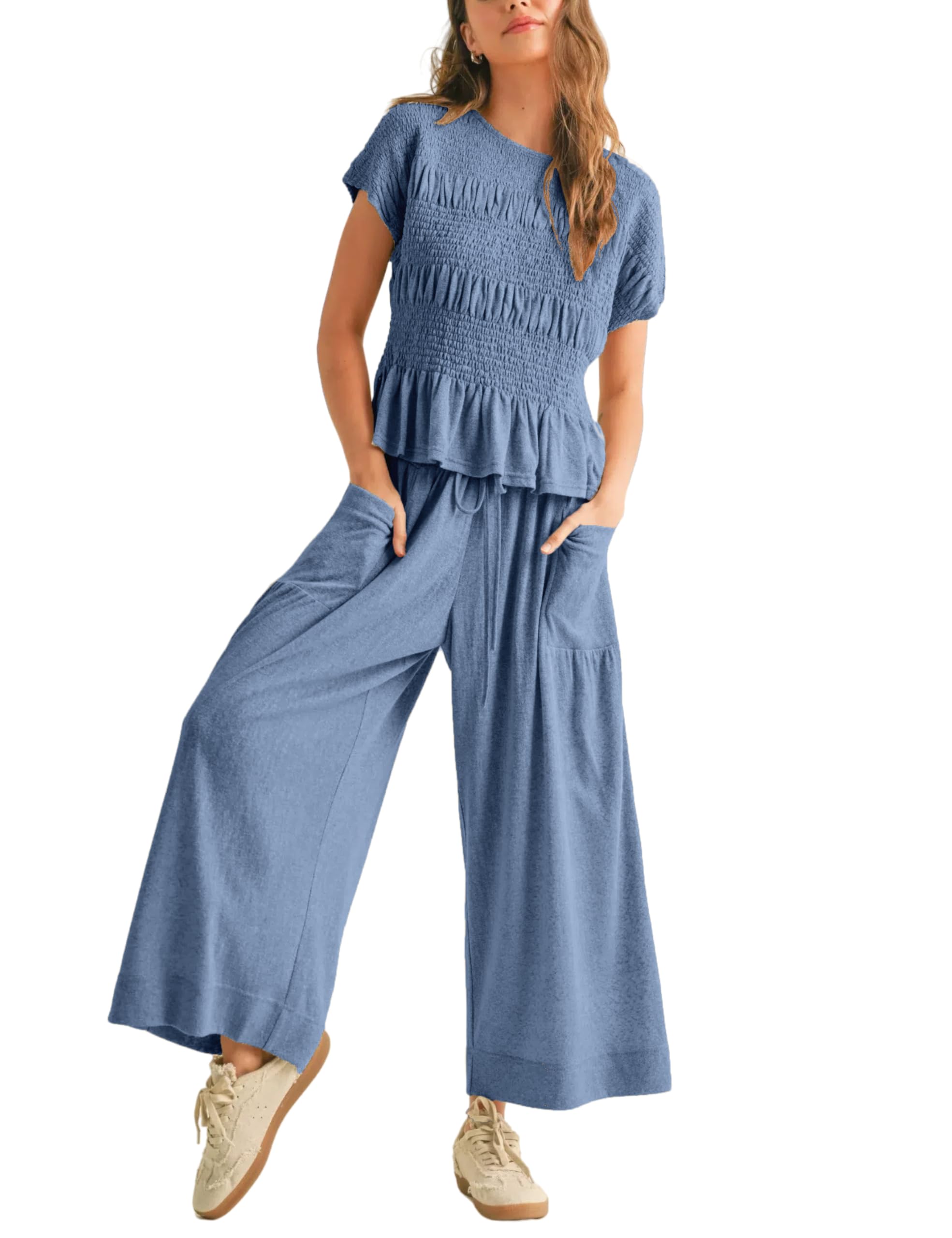 Antnation Womens 2 Piece Smocked Top Wide-Leg Pants Set High-Waisted Lounge Outfit with Pockets Casual Boho Matching Set