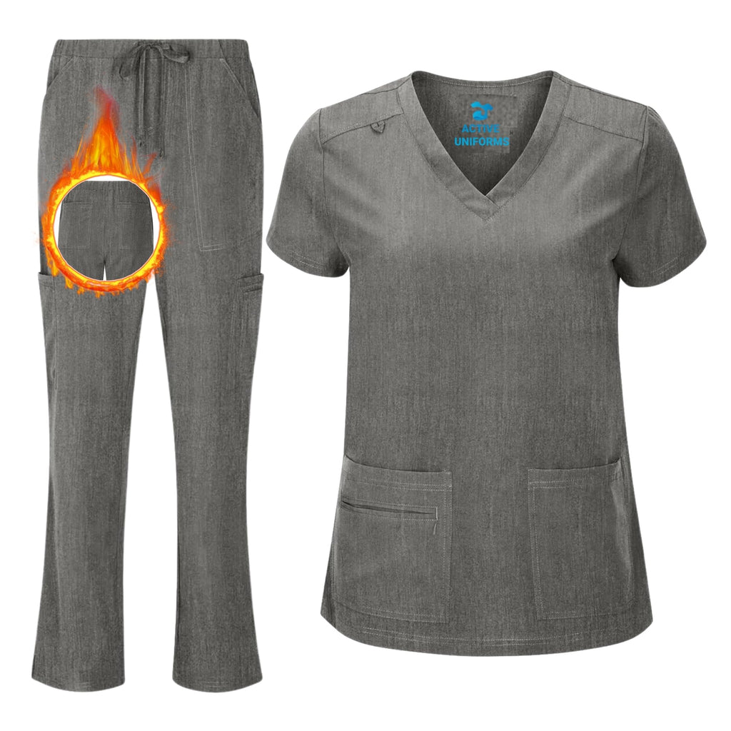 Women's Cool Stretch V-Neck Top and Cargo Pant Scrub Set with Regular and Petite Sizes