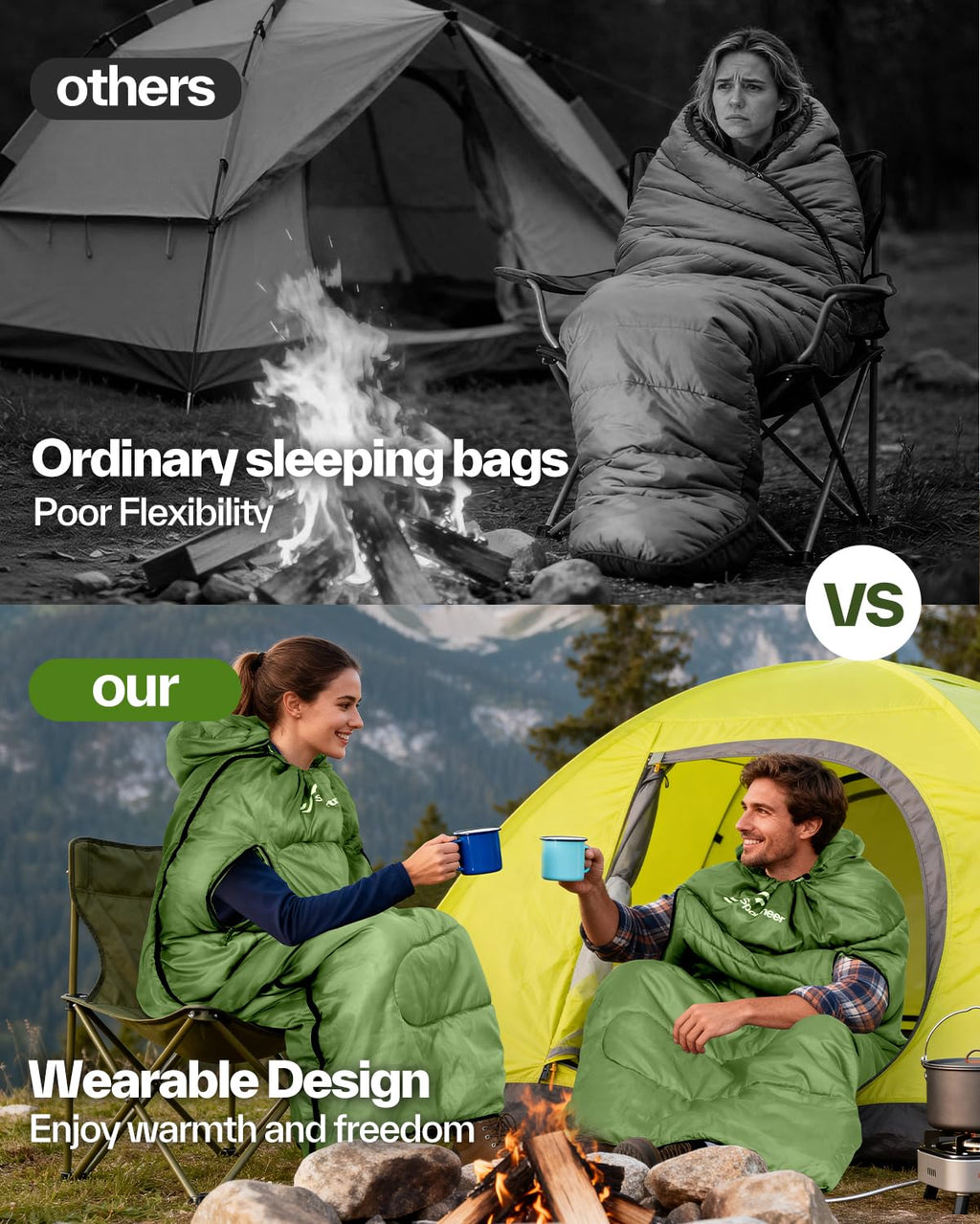 Sportneer Wearable Sleeping Bag for Adults & Kids – Walkable with Arm Zippers, Warm Weather & Cold Waterproof, Compact for Camping, Stadiums, Travel, Backpacking & Car Use