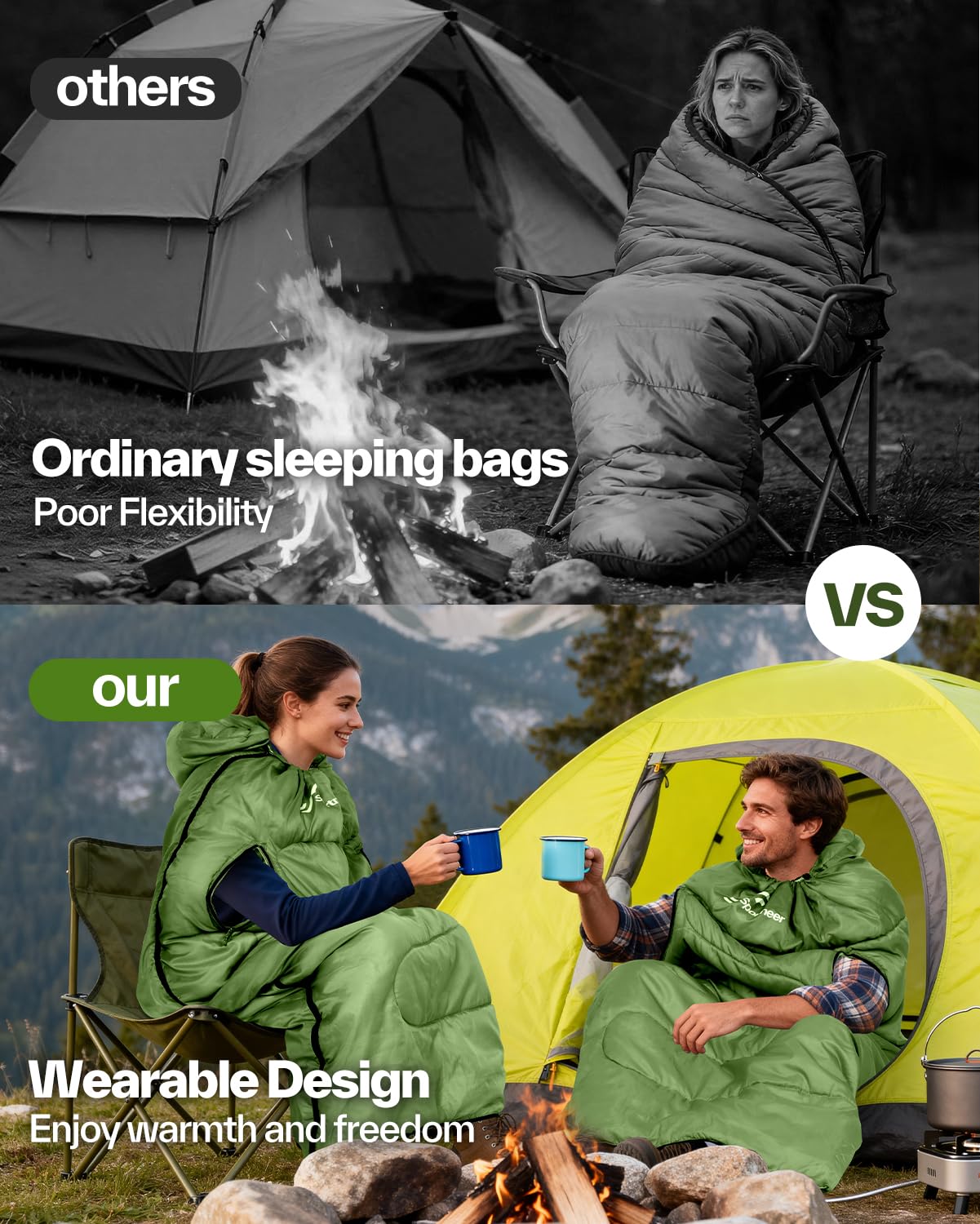 Sportneer Wearable Sleeping Bag for Adults & Kids – Walkable with Arm Zippers, Warm Weather & Cold Waterproof, Compact for Camping, Stadiums, Travel, Backpacking & Car Use