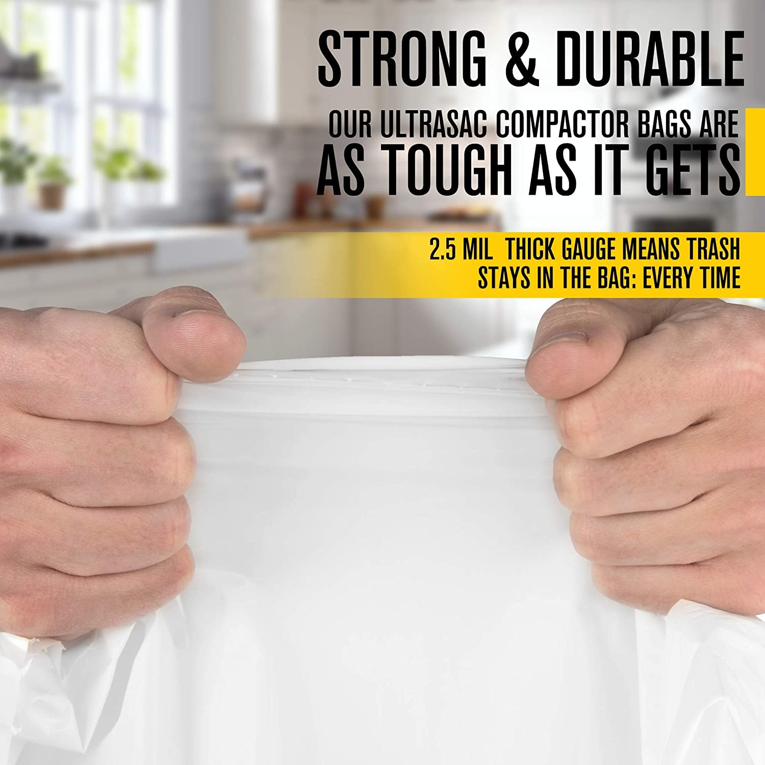 Ultrasac 18 Gallon 2.0 MIL White Drawstring Trash Bags - 25" x 28" - Pack of 50 - For Home, Outdoor, Industrial, & Commercial