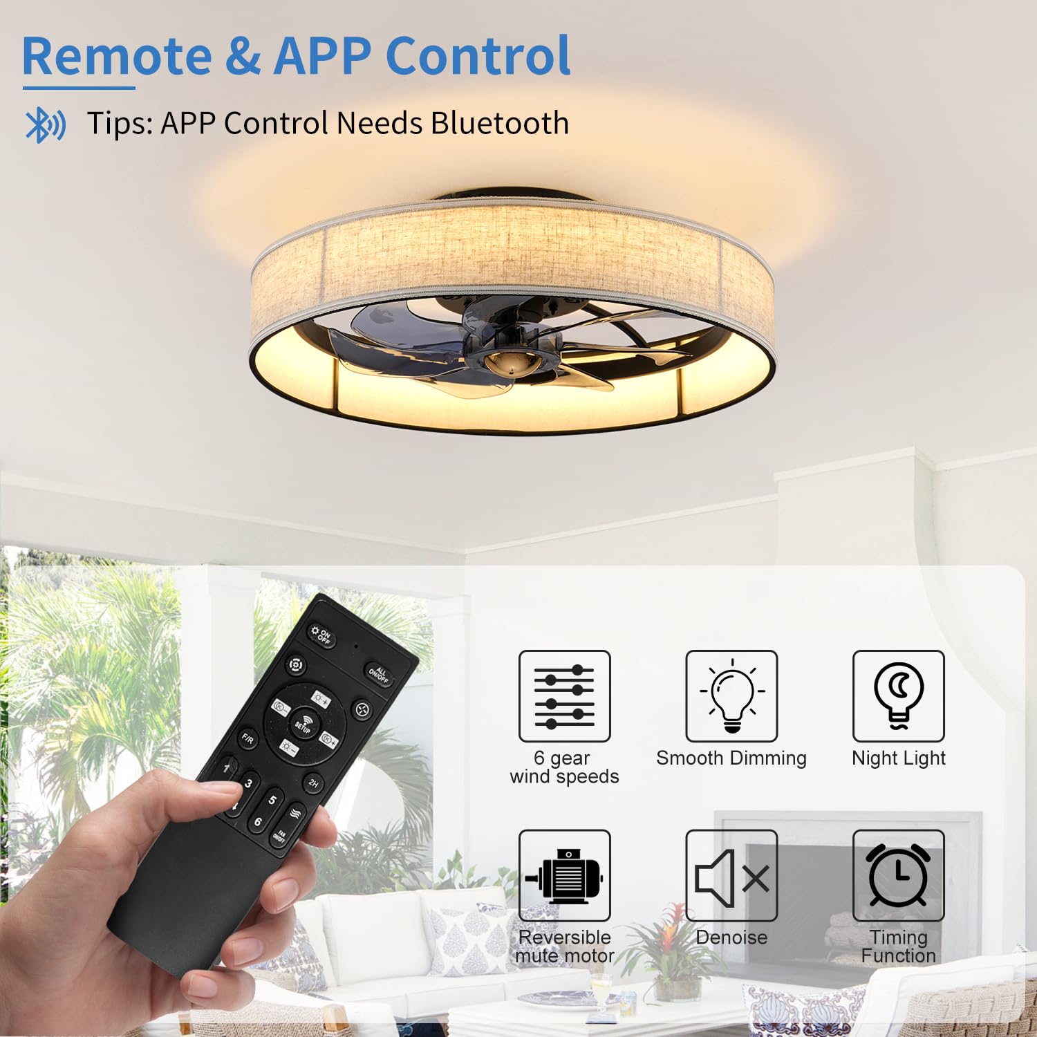 20" Boho Rattan Caged Ceiling Fan with Light,Low Profile Flush Mount Bladeless Ceiling Fan with Remote Control, 6 Speeds Reversible Silent Motor, Farmhouse Fabric Fandalier for Bedroom,Living Room