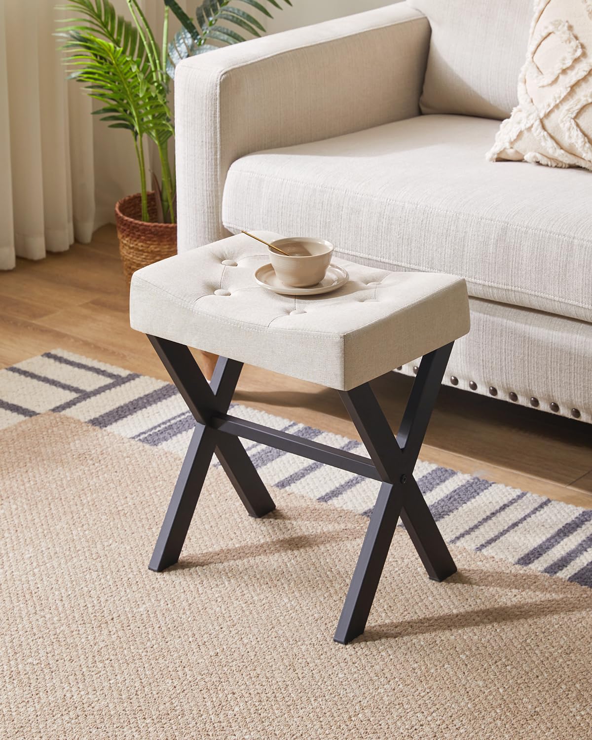 IBUYKE U-Shaped PU Vanity Stool, Square Makeup Chair with X-Leg, Ottoman Seat Footrest Stool, Multi-Use as Small Side Table, for Bedroom, Living Room, Black WBD019B