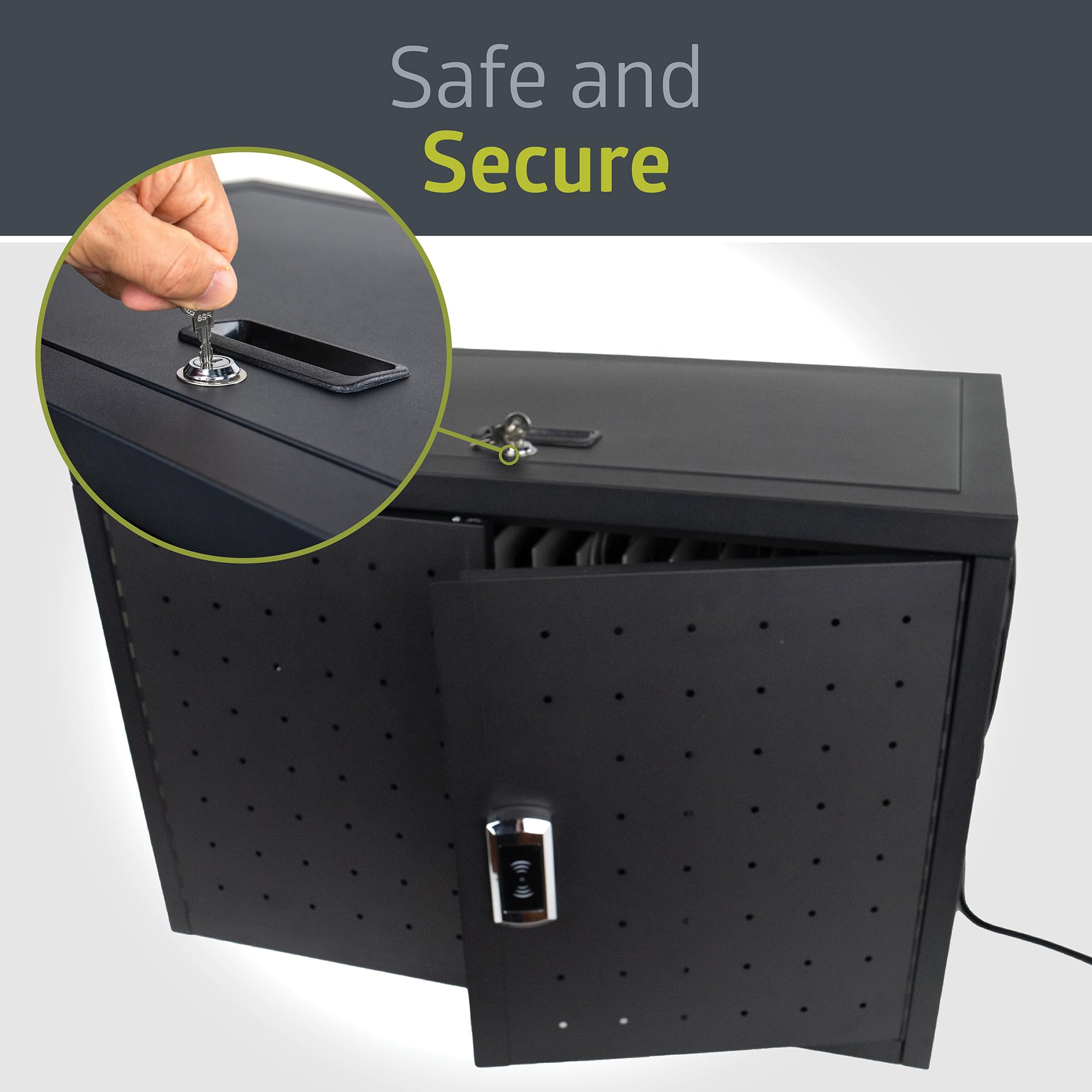 Pearington 16 Device Portable Table Top Charging and Storage Cabinet for iPads, Chromebooks and Laptop Computers, Up to 17-inch Screen Size, Bonus Shelf, Side Handles, Locking Front Door, Cable Clips