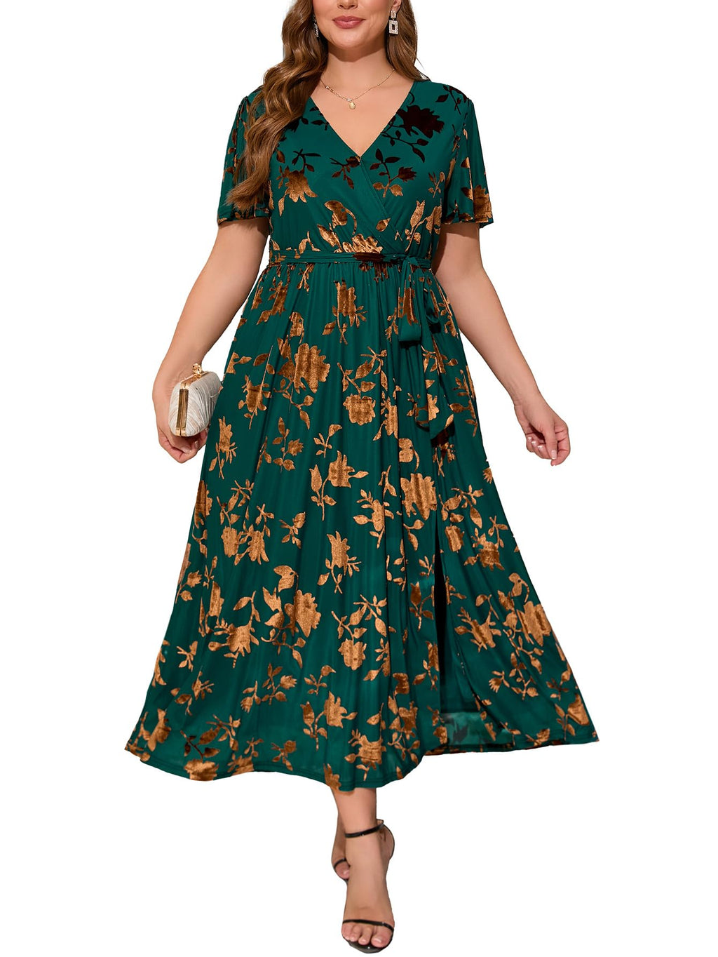 BerryGo Women's Velvet V Neck Wrap Semi Formal Dress Cocktail Party Maxi Dress for Wedding Guest
