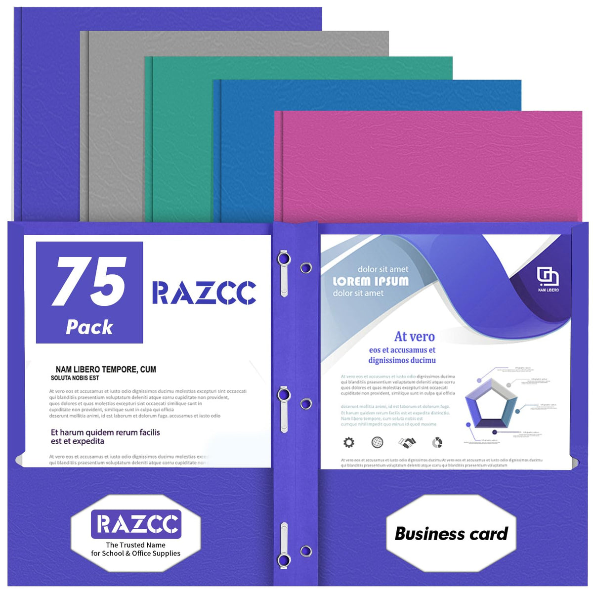 Two Pocket Folders, RAZCC 75 Pack Two Pocket Folders with Prongs, 3 Prong Pocket Folders Letter Size, Paper Folders with Prongs for School Office Home Business, Assorted 5 Colors