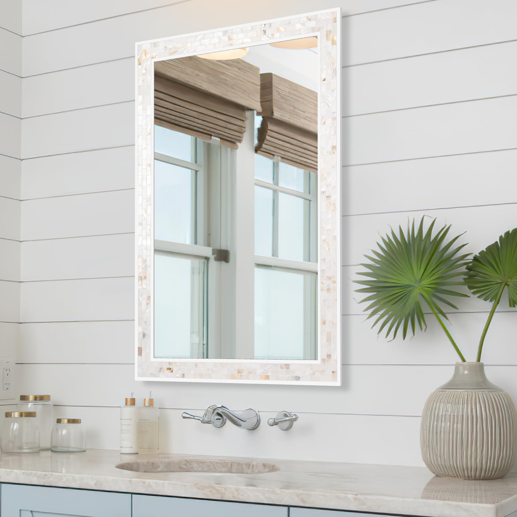 Tanmicoshomy Round Wall Mirror 24 Inch,Circle Mosaic Mirror with Natural Mother of Pearl and Wood Frame, Decorative Coastal Round Wall Mirror for Bathroom Bedroom Living Room Entryway