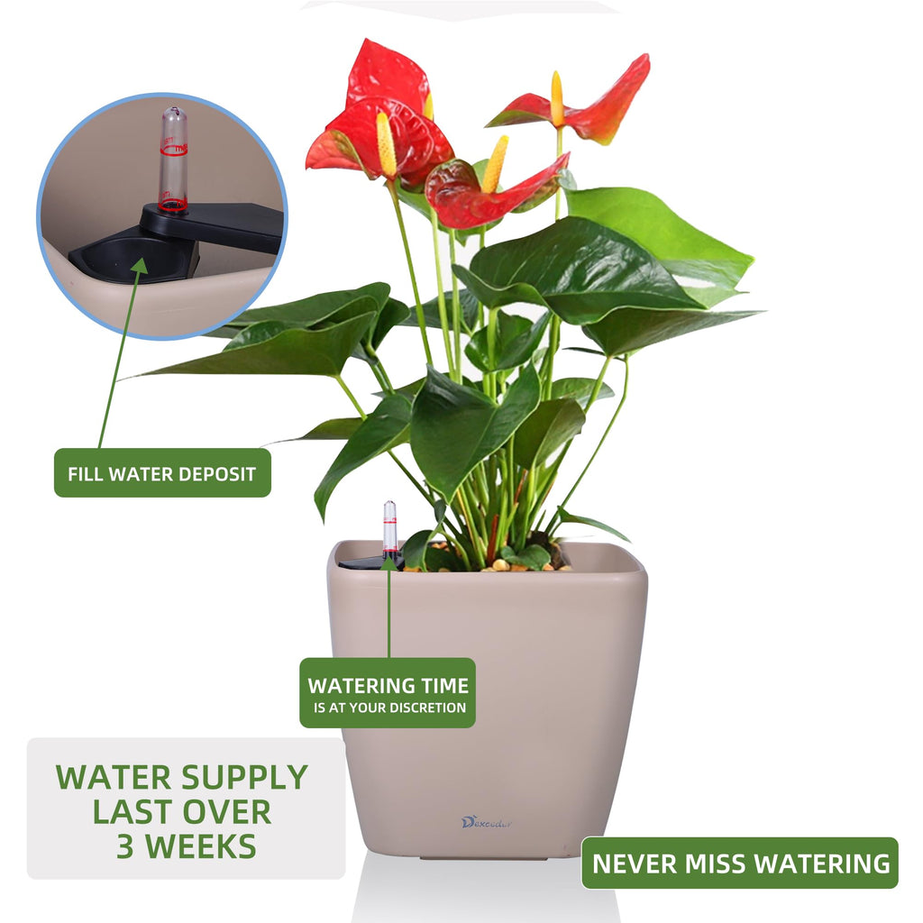 Dexceder 9x8 Self Watering Planter (Black High Gloss) | Inner Mat Design, Thickened Table Flower Plant Pot with Water Level Indicator Indoor Outdoor