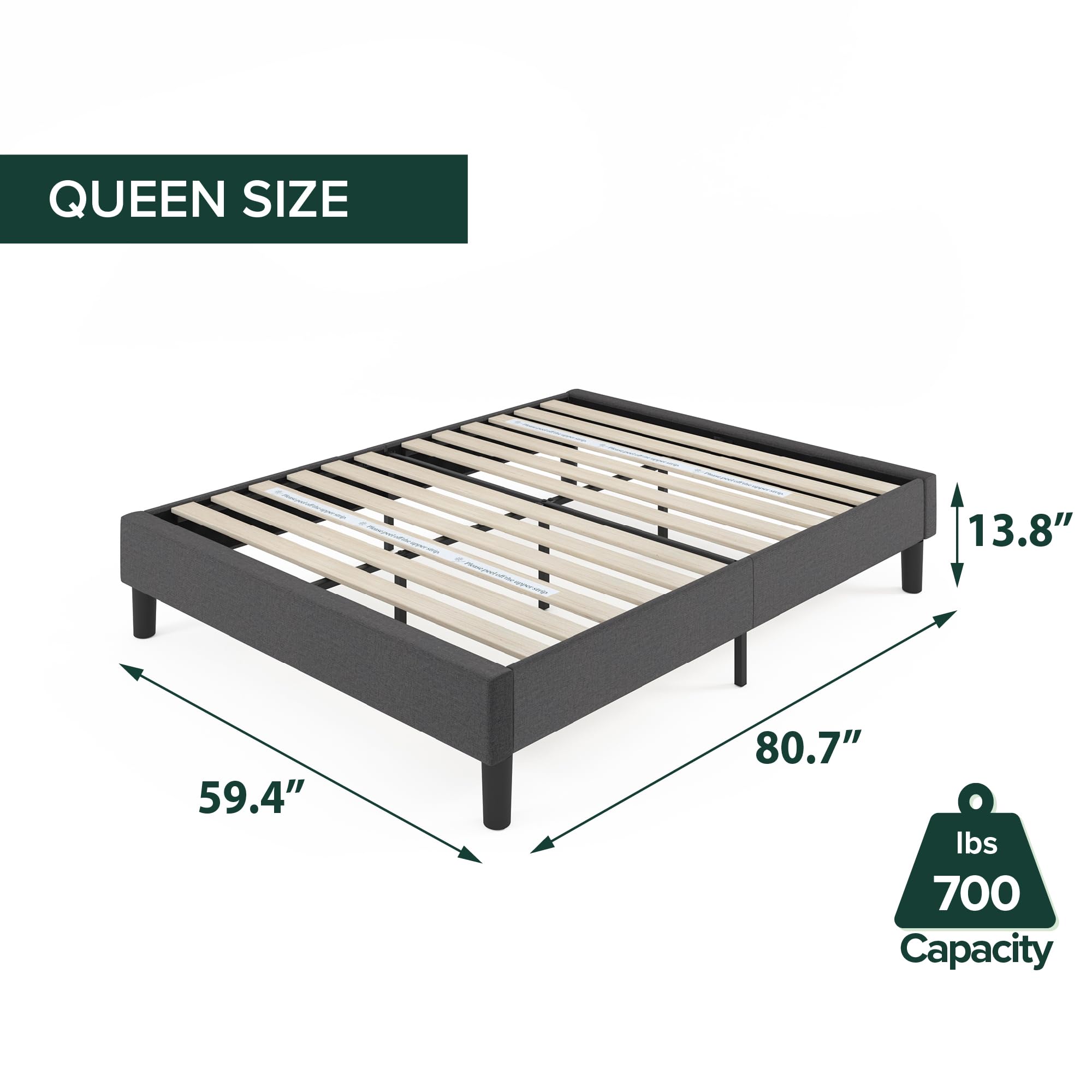 Zinus Curtis Upholstered Platform Bed Frame, Mattress Foundation, Wood Slat Support, No Box Spring Needed, Eco Friendly WonderBox (TM) Packaging, Dark Grey, Full