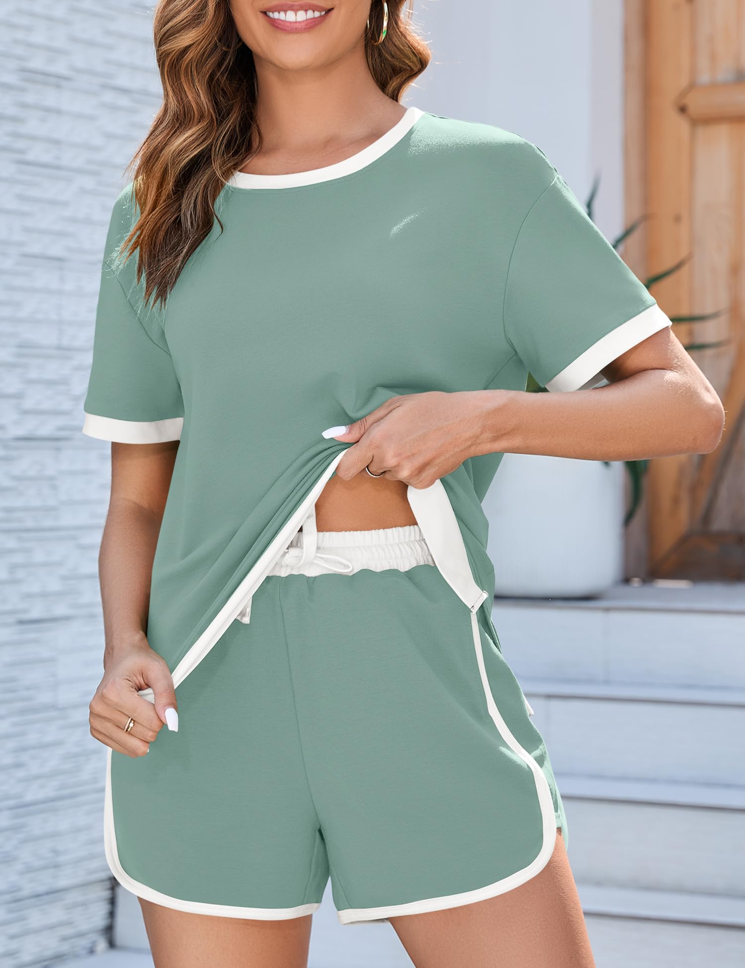 AKEWEI Shorts Sets Women 2 Piece Outfits Casual Short Sleeve Crewneck Tops and Drawstring Shorts Color Block Sets