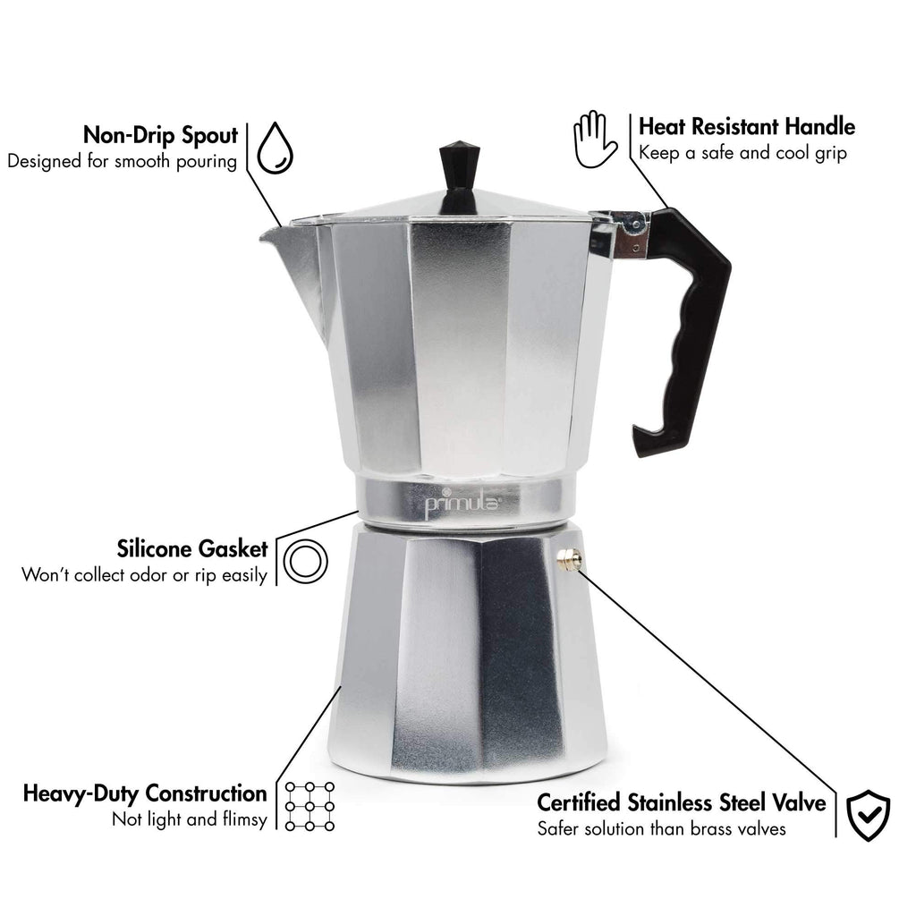 Primula Classic Moka Pot Stovetop Espresso and Coffee Maker, Italian and Cuban Cafetera for Rich Espresso Brewing, Durable Aluminum Greca Coffee Maker with Easy Grip Handle, 6-Cup, Black