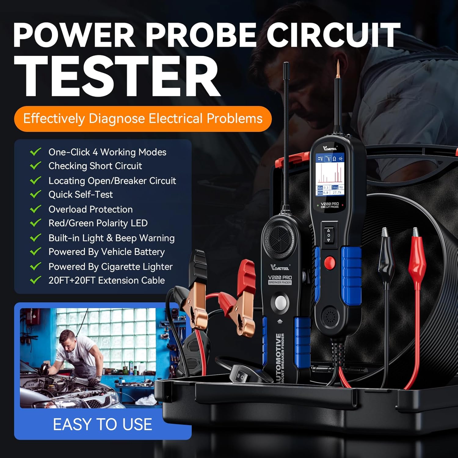 VDIAGTOOL V200 PRO Upgrade Kit Automotive Power Circuit Probe Tester with 30PCS Back Probe Kit, 12/24V Electrical Short and Open Circuit Finder AC/DC Voltage Test Activating Component 40Ft Cable
