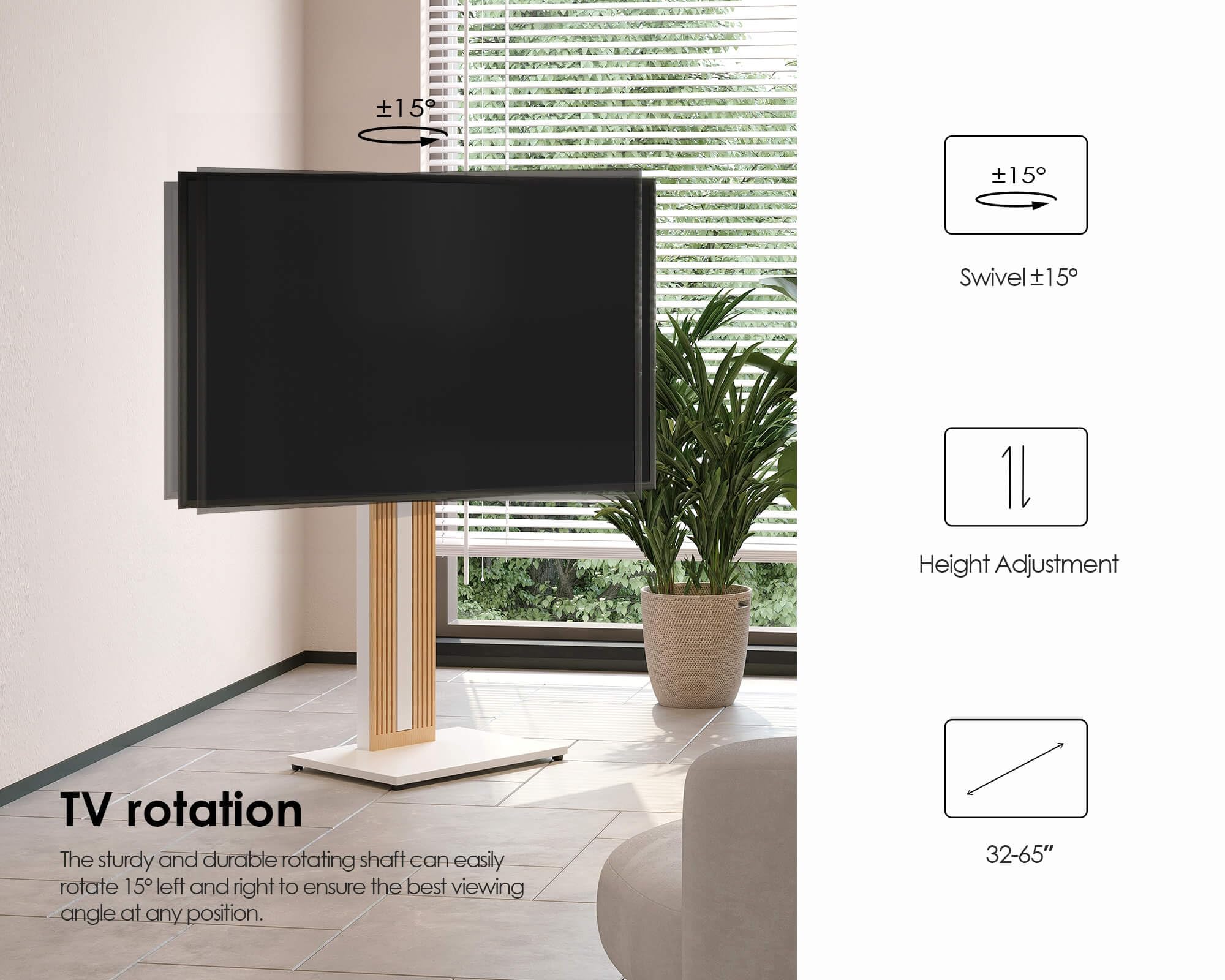 FITUEYES Wood TV Stand Swivel Mount with Hidden Back Storage for 32-65 inch TV Screens, Scandinavian Style Tall Floor TV Stand for Home Decor with Reinforced Base, Zen Series, Black