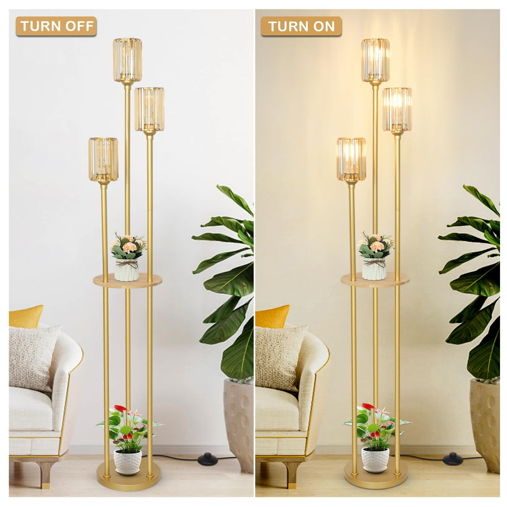 HMVPL Gold Floor Lamps for Living Room, Modern Floor Lamp with Shelves, Crystal Standing Lamps with Table, Brass Tall Lamp with Crystal Shade, On/Off Switch, Mid Century Corner Floor Lamp for Bedroom