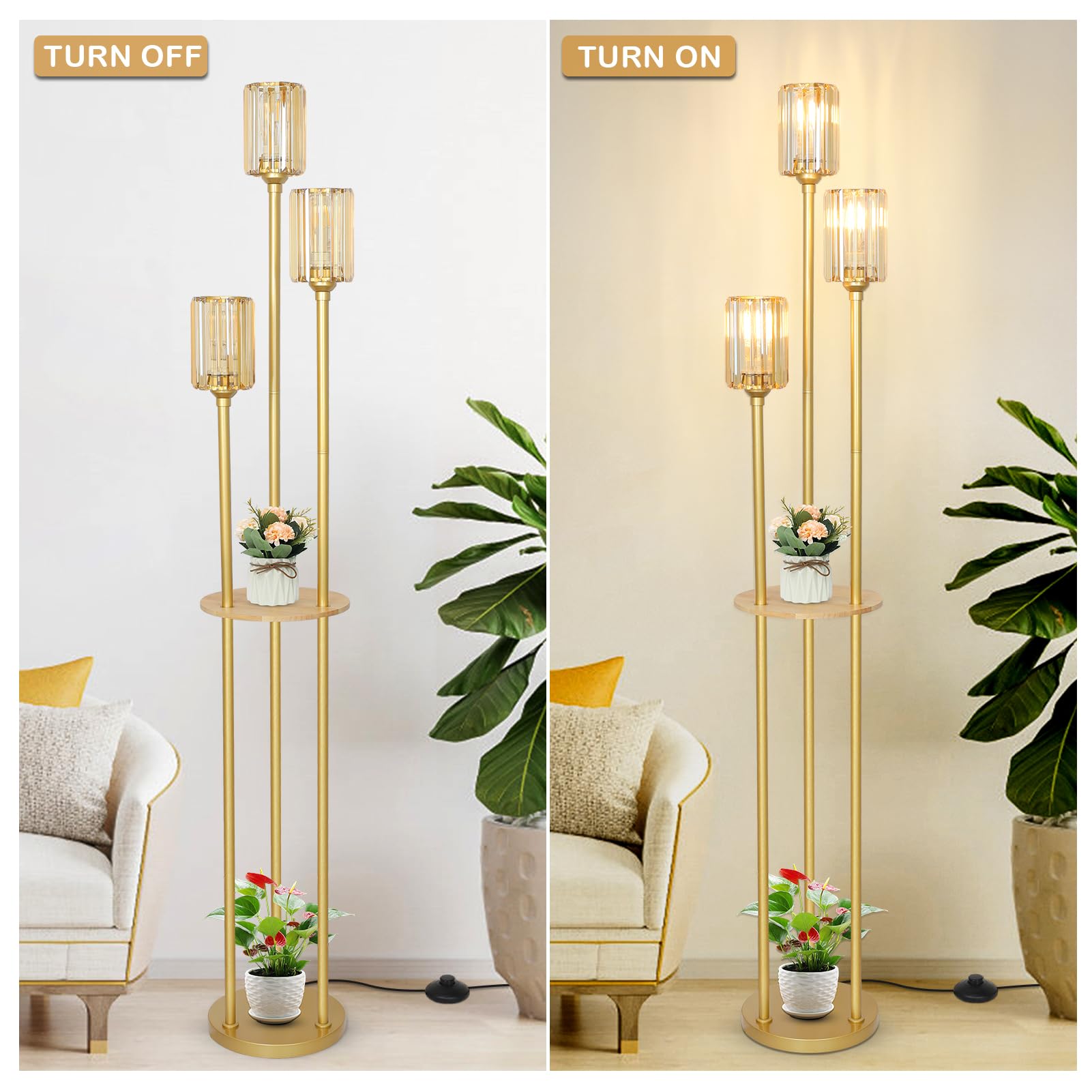 HMVPL Gold Floor Lamps for Living Room, Modern Floor Lamp with Shelves, Crystal Standing Lamps with Table, Brass Tall Lamp with Crystal Shade, On/Off Switch, Mid Century Corner Floor Lamp for Bedroom